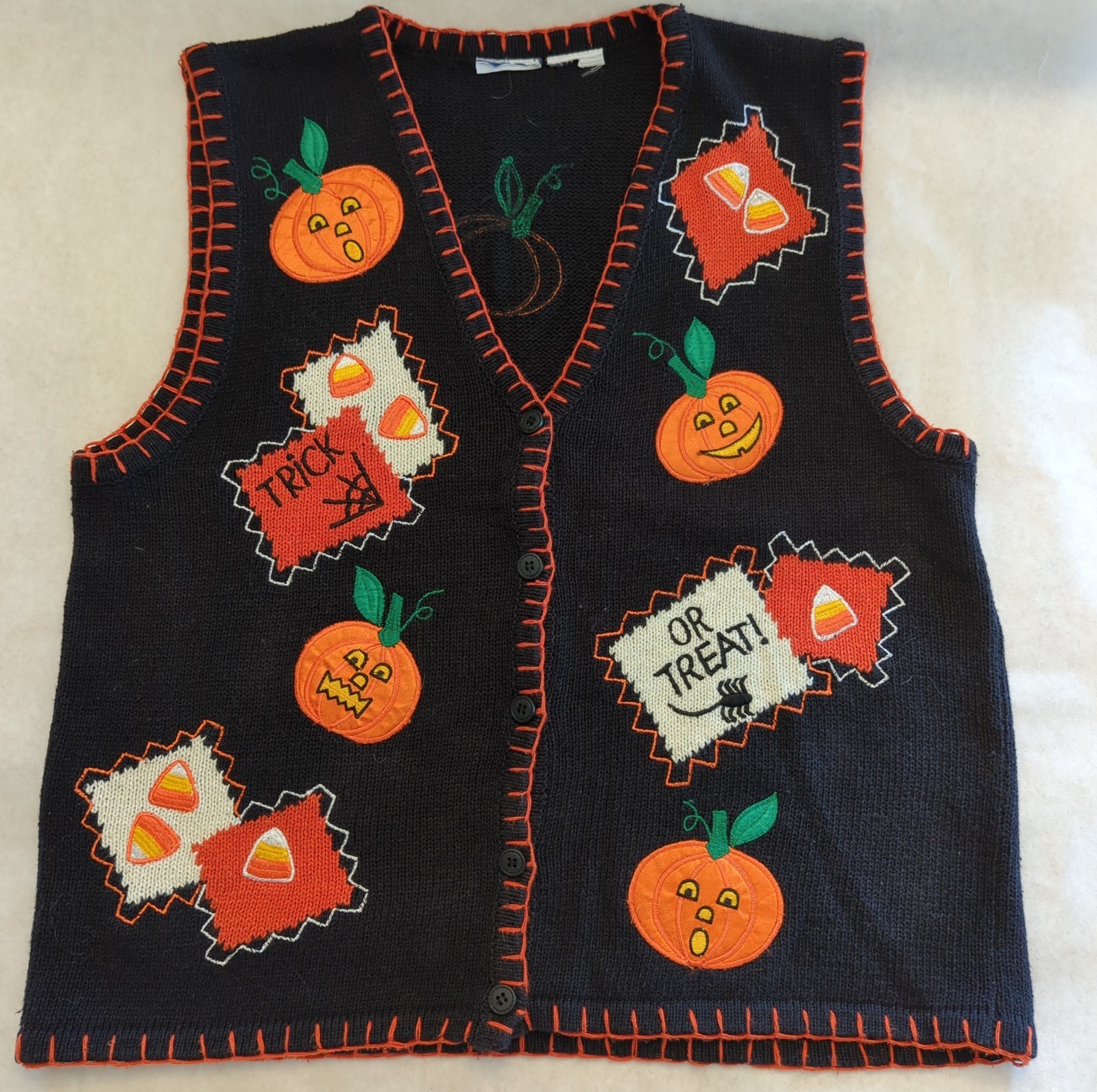 Vtg Bobbie Brooks Halloween Patchwork Embroidered Pumpkin Sweater Vest READ Size