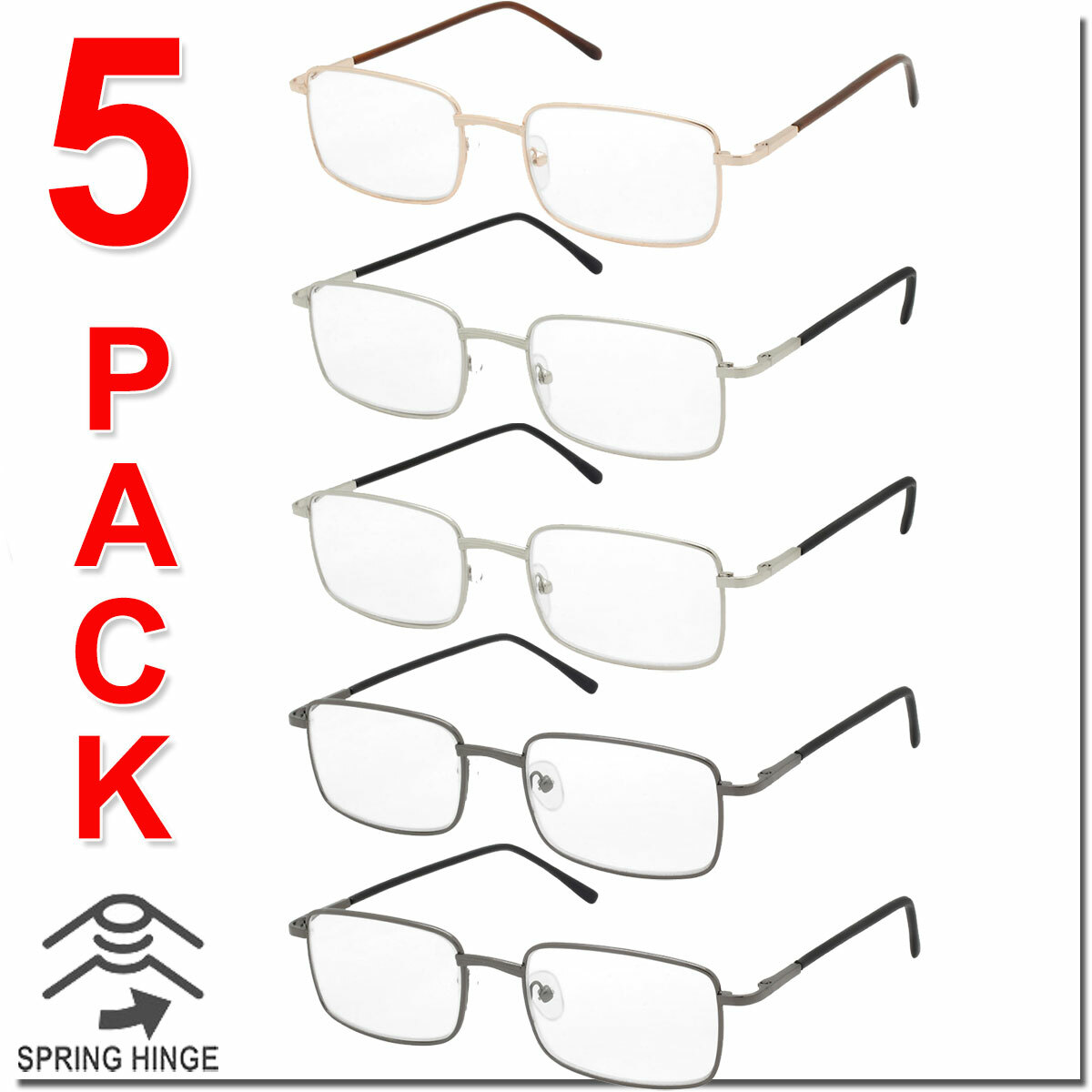 Reading Glasses Mens Womens Square Spring Hinge Unisex 5 Pack New Style Look 