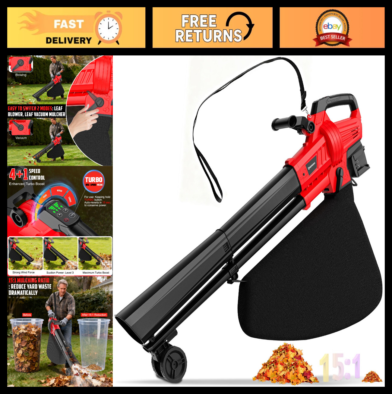 Cordless 3-in-1 Leaf Vacuum & Mulcher, 40L Bag, 5 Speeds, Turbo Mode, Lawn Care