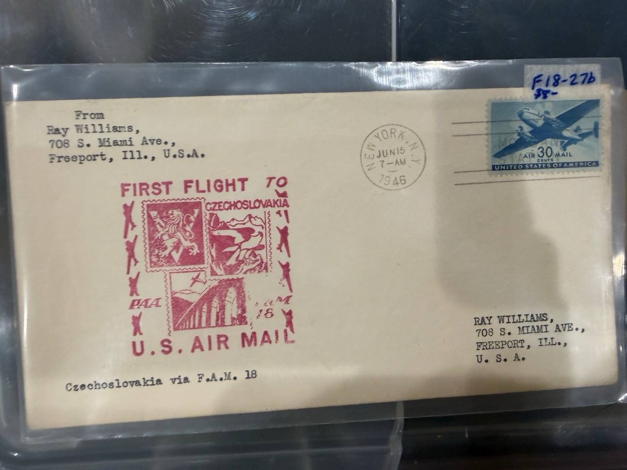 1946 FAM 18-27b First Flight Cover New York Prague Czechoslovakia Pan Am