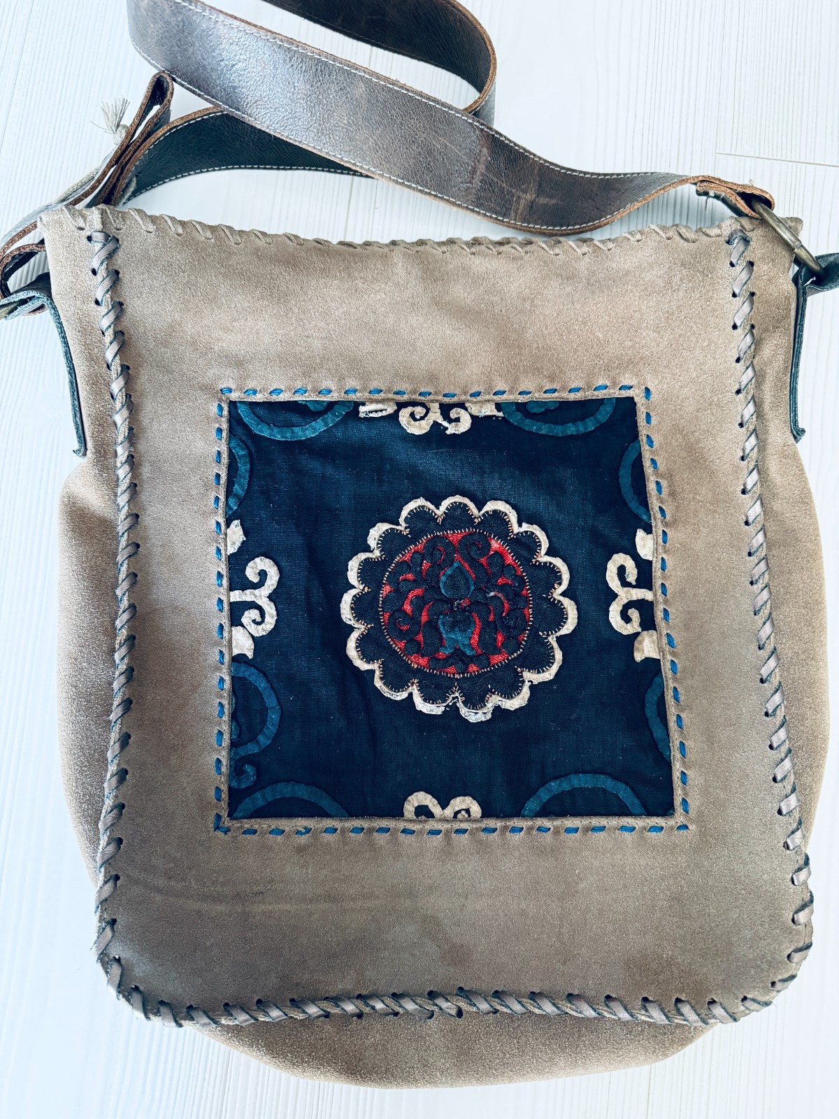 Tibetan Leather Bag Vintage Fabric Motifs Handmade Crossbody Bag **AS NEW**