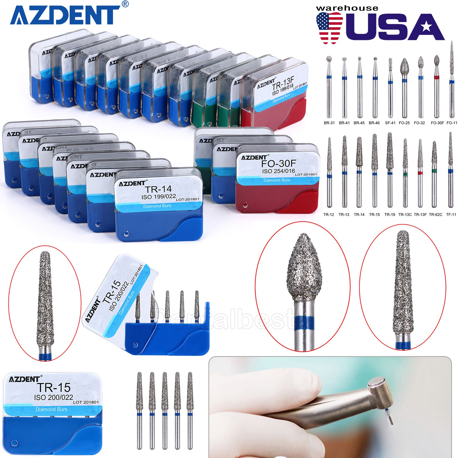 100 Pzas Dental Fresas Dentales de Diamante FG 1.6MM Mezclado 20 Tamaño AZDENT
