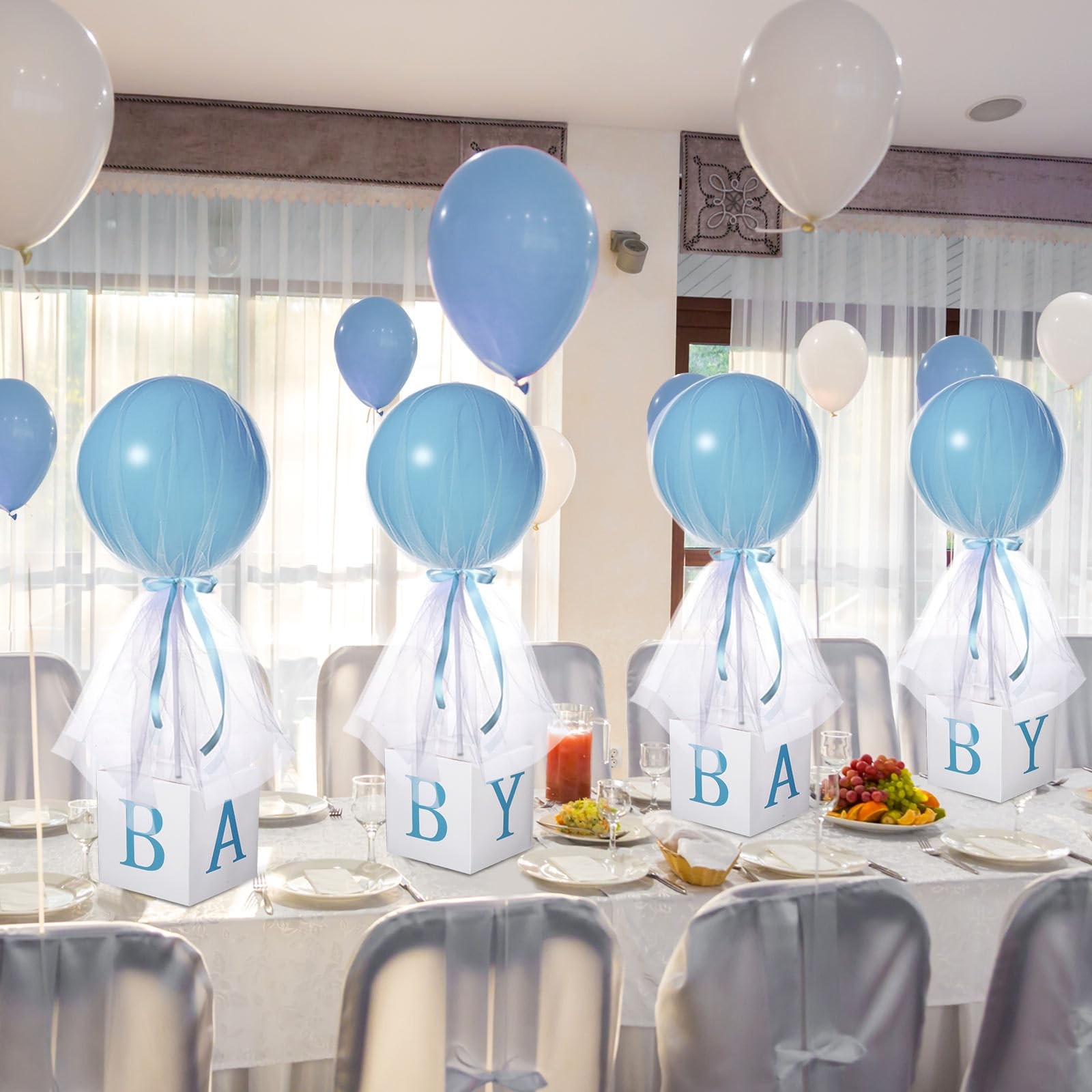 4 Set Blue Boy Baby Shower Table Centerpiece Decor 24\'\' Tulle Tutu Balloon wi...