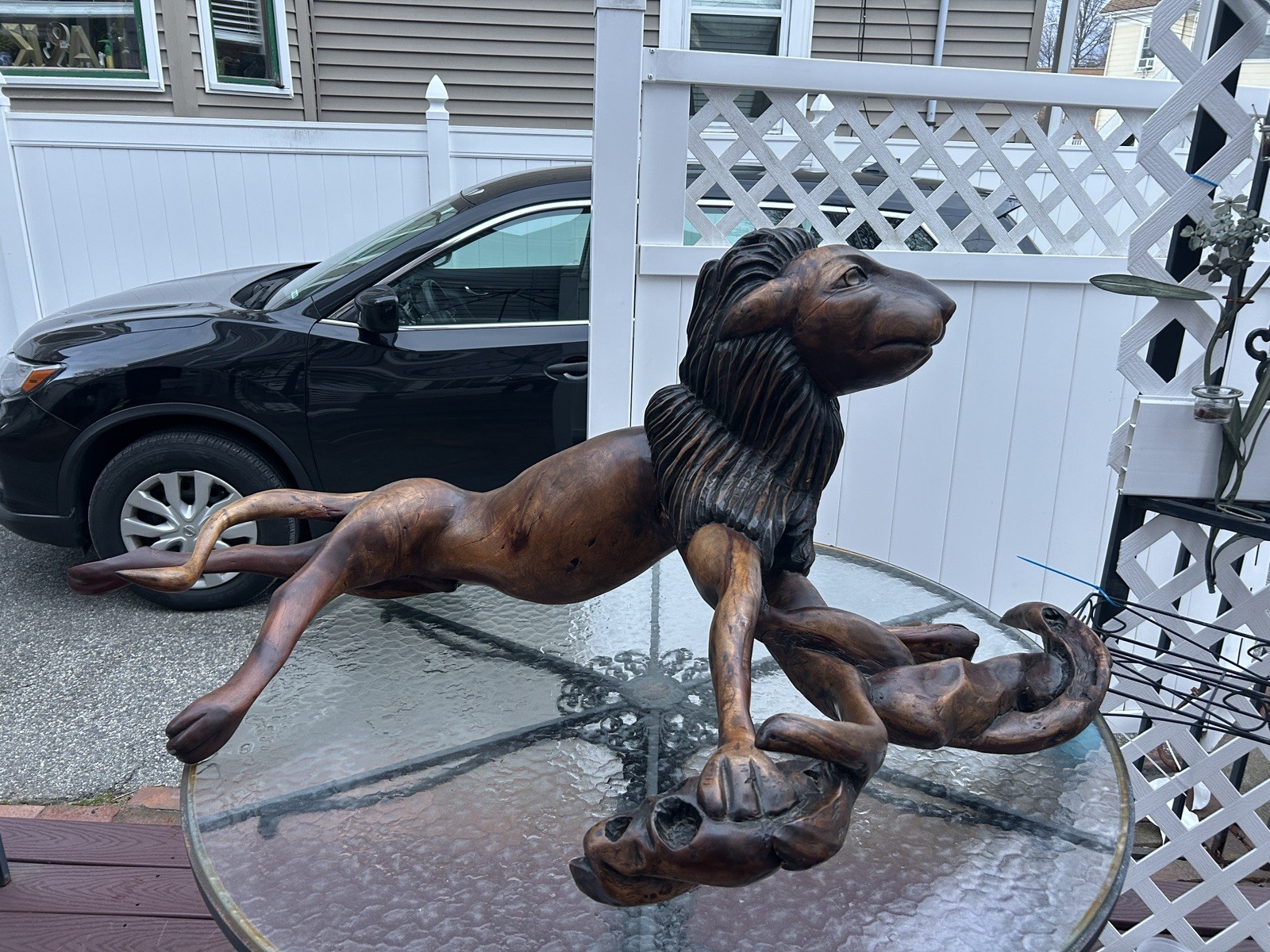 Huge signed F.xavier hand carved tree trunk one piece lion sculpture 
