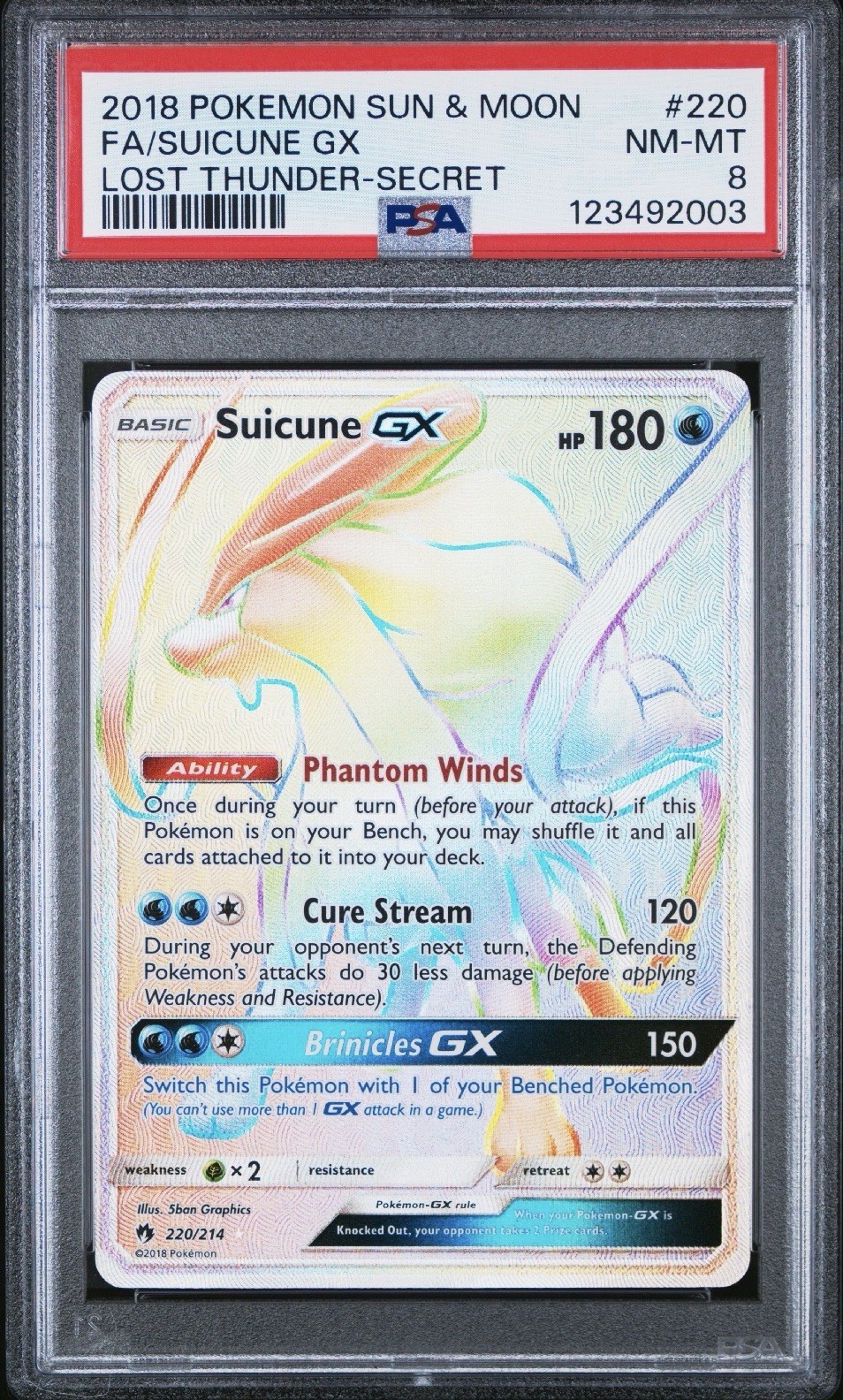 2018 POKEMON SUN & MOON LOST THUNDER SECRET #220 FULL ART/SUICUNE GX PSA 8