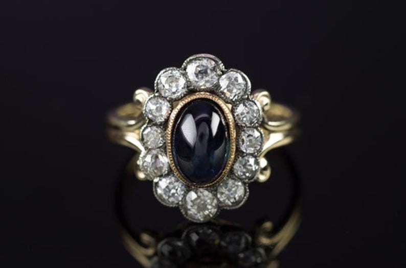 Antique Sapphire Oval Diamond Halo Ring Edwardian Double Shank Engagement Ring