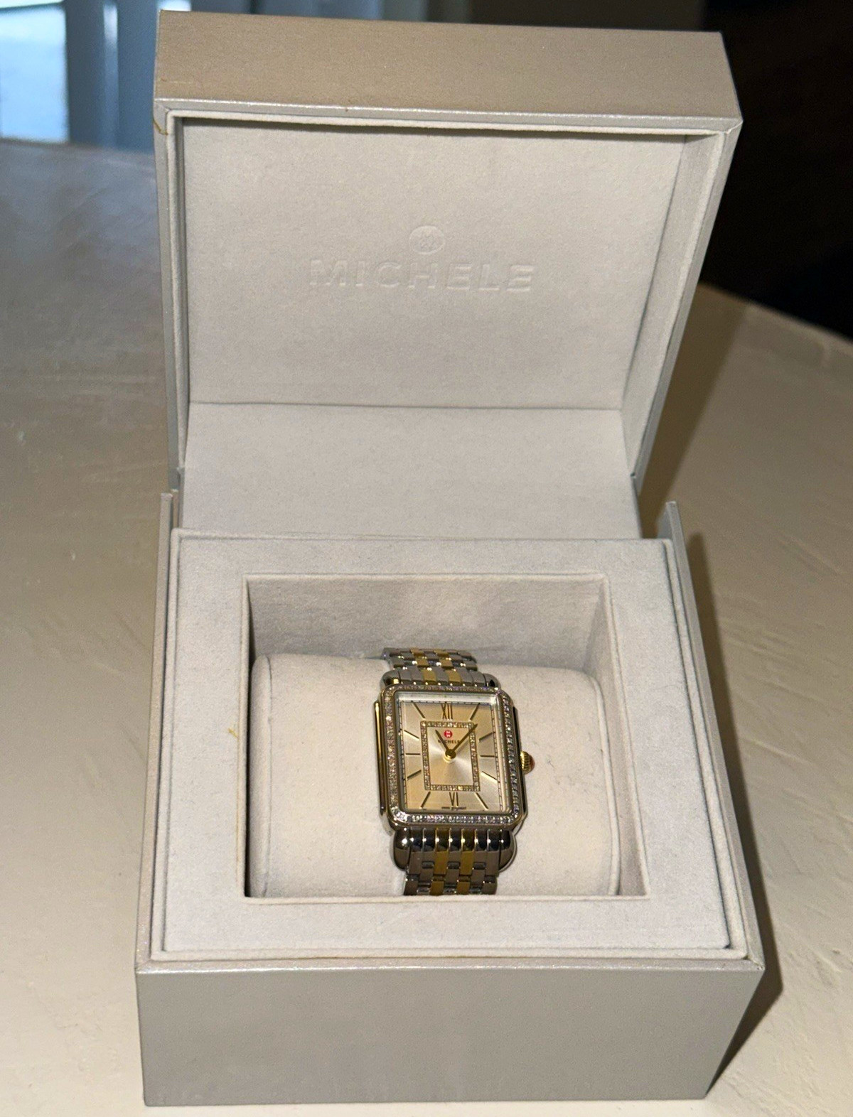 MICHELE Deco Women’s Two-Tone Bracelet Diamond Bezel Rectangular Quartz w/Box MICHELE Deco Women’s Two-Tone Bracelet Diamond Bezel Rectangular Quartz w/Box