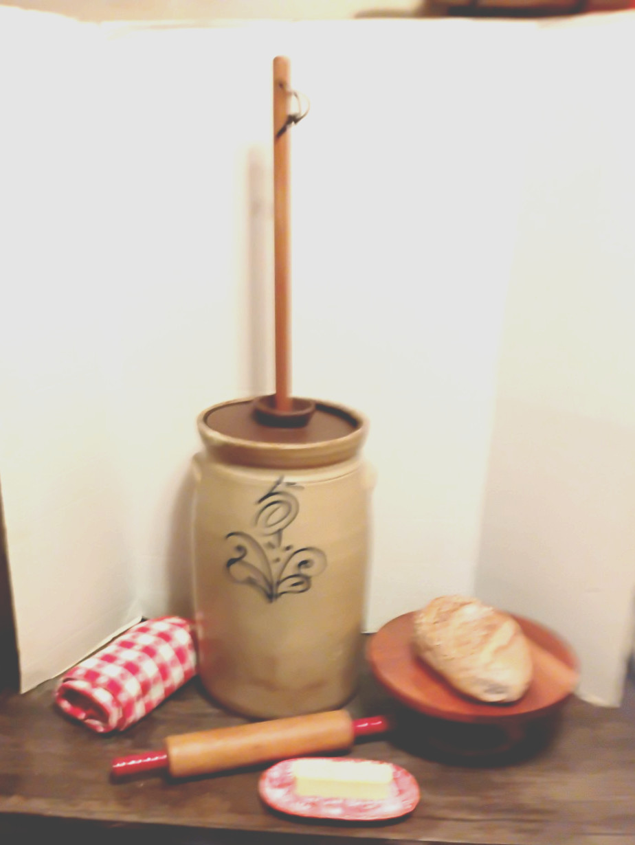 19th Century 5 Gallon Salt & Slip Glazed Butter Churn w/Cobalt Pattern & Dasher