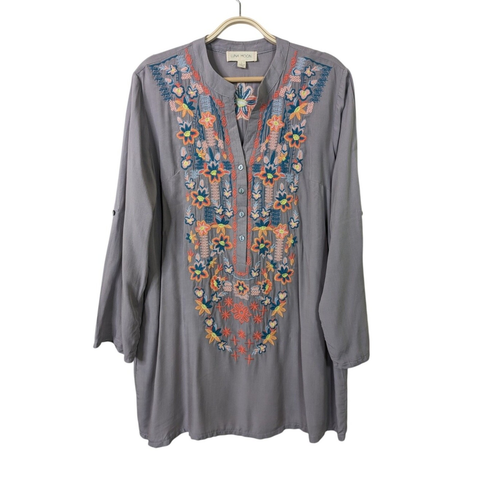 Anthropologie Luna Moon Tunic Top Large Embroidered Floral Rayon Boho Gray