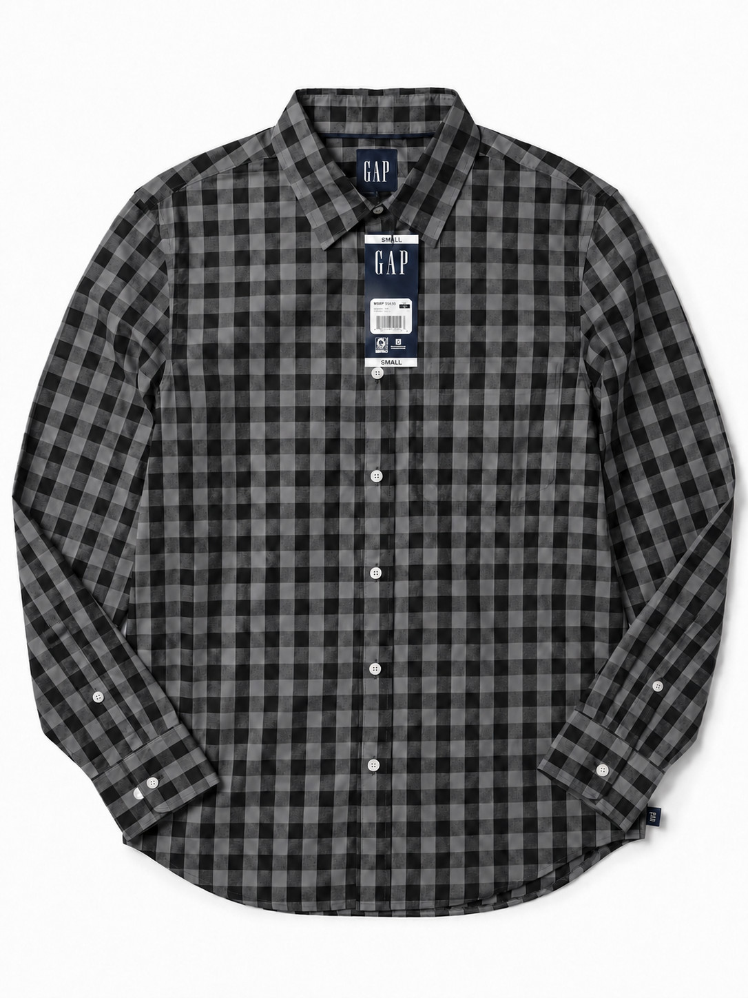 GAP Men\'s Small Willow Plaid Black Gray Long Sleeve Woven Button-Up Shirt NWT