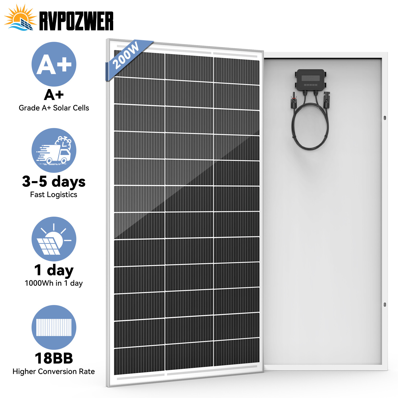200W 300W 400W 800W Solar Panel Mono 18BB Battery Charge N-Type RV Home Off-Grid