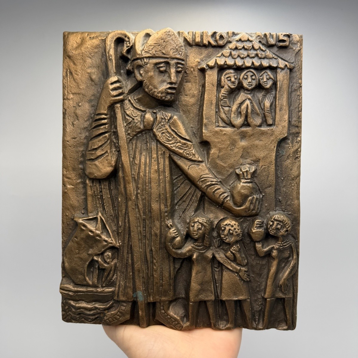 Vintage Saint Nicholas Bronze Relief Plaque Egino Weinert Style German Religious