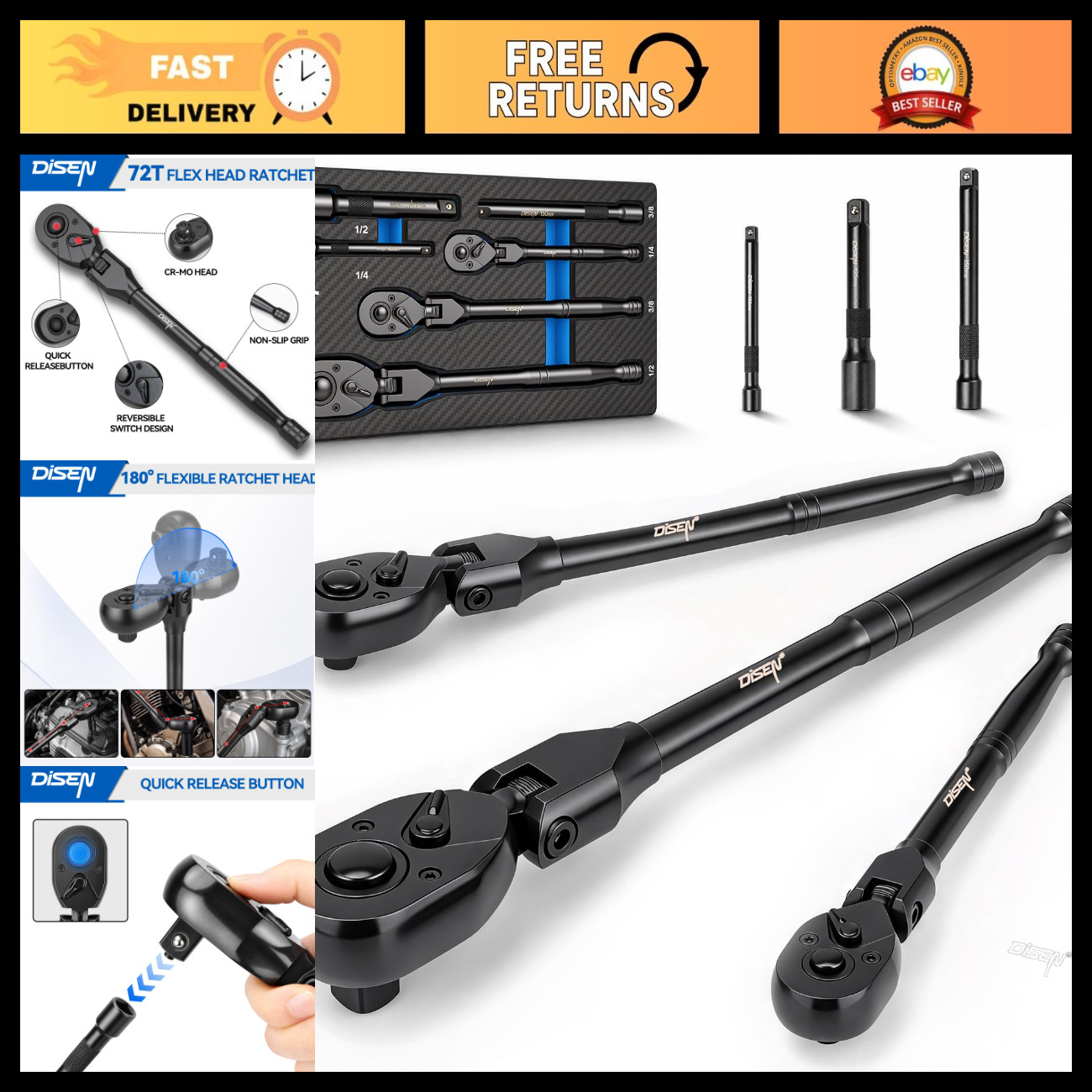 3PCS Black Flex-Head Ratchet Set - 1/2\
