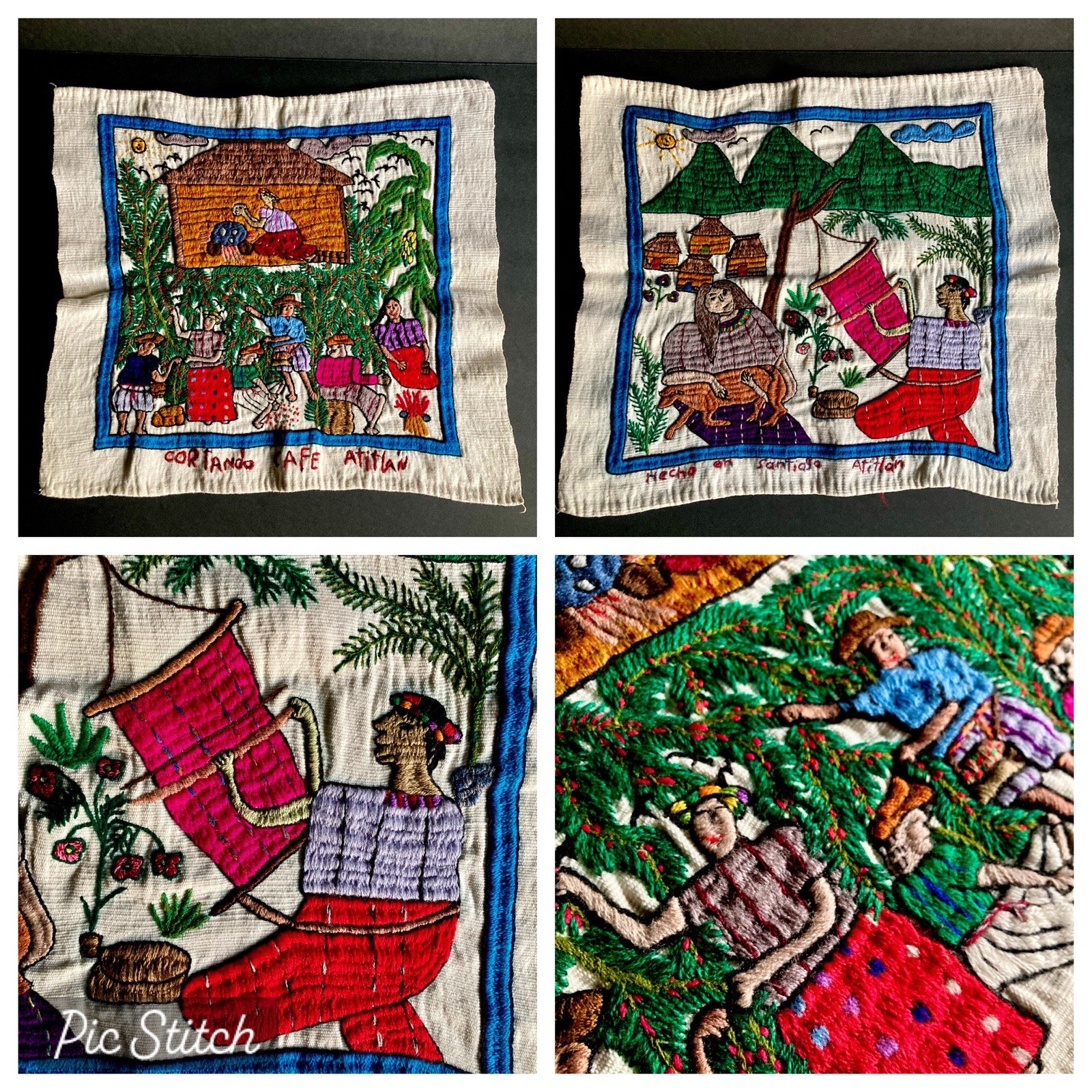 Pair Vtg Handmade Textile Mayan Folk Art Coffee Farm South American Story Cloth