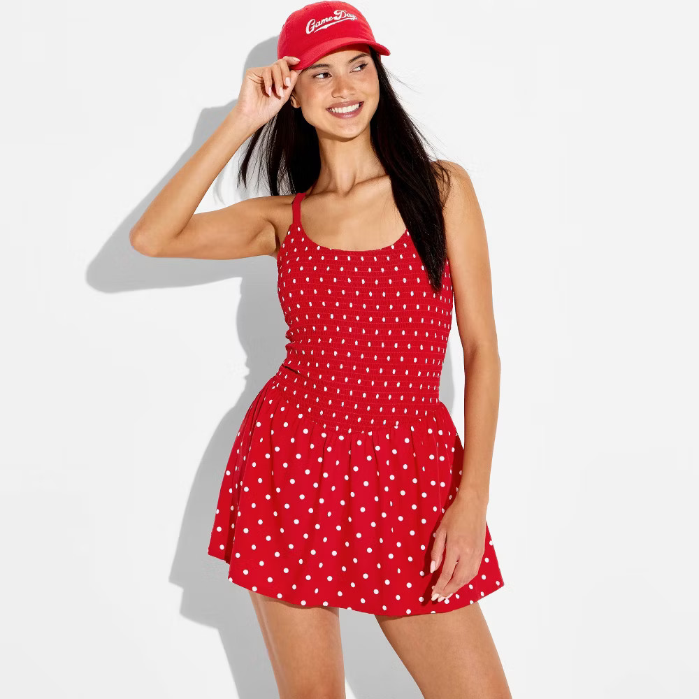 JoyLab Women\'s Polka Dot Smocked Sleeveless Dress - Red Polka Dot