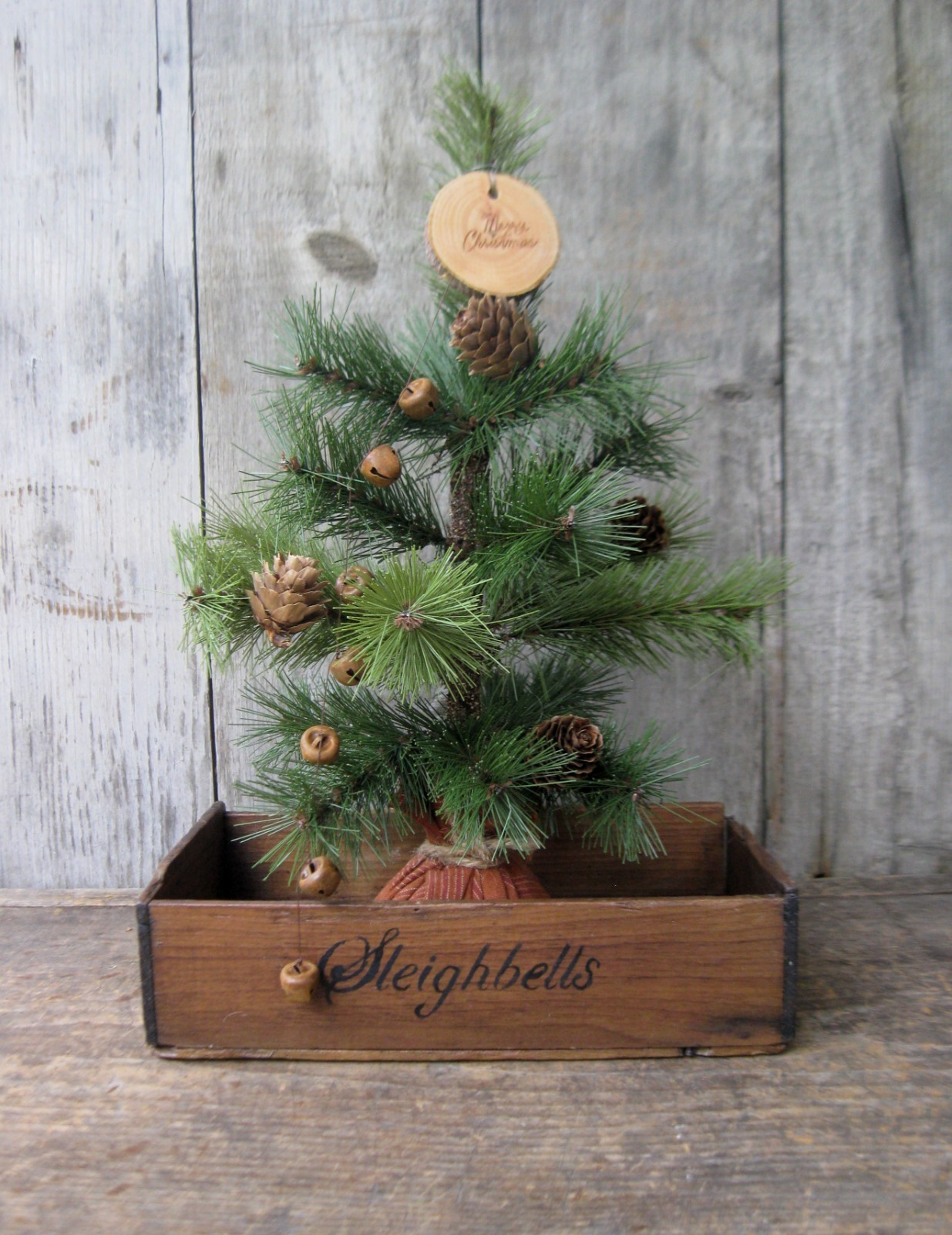 Small Primitive Wood Box Sleighbells Stencil w Christmas Tree Small Primitive Wood Box Sleighbells Stencil w Christmas Tree