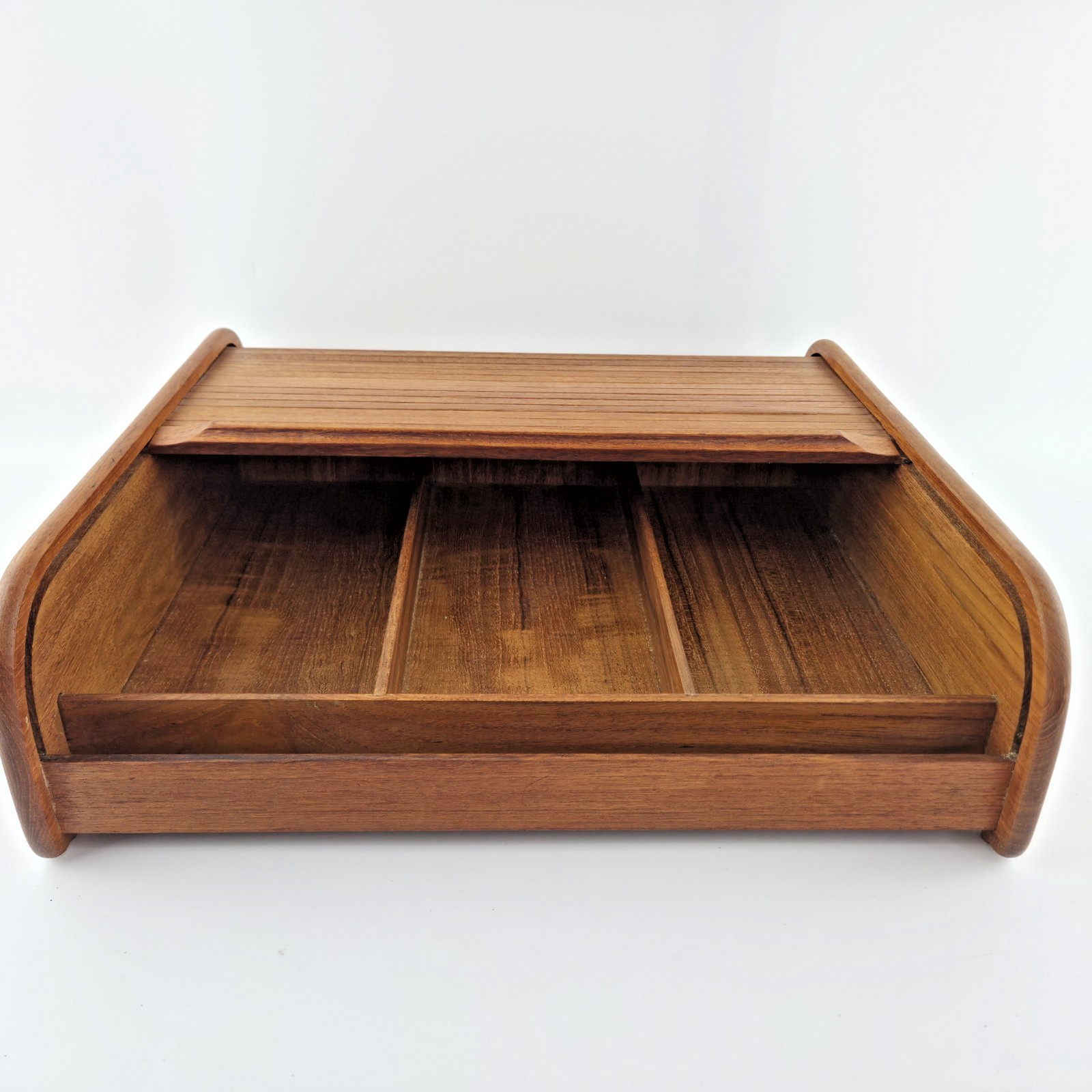 MCM Vintage EIN Teak Tambour Roll Top Desk Organizer 3 Compartment Thailand