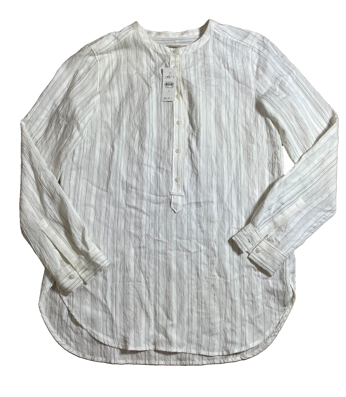 ANN TAYLOR LOFT Ivory Textured Pinstripe Striped Long Sleeve Popover Tunic Small ANN TAYLOR LOFT Ivory Textured Pinstripe Striped Long Sleeve Popover Tunic Small