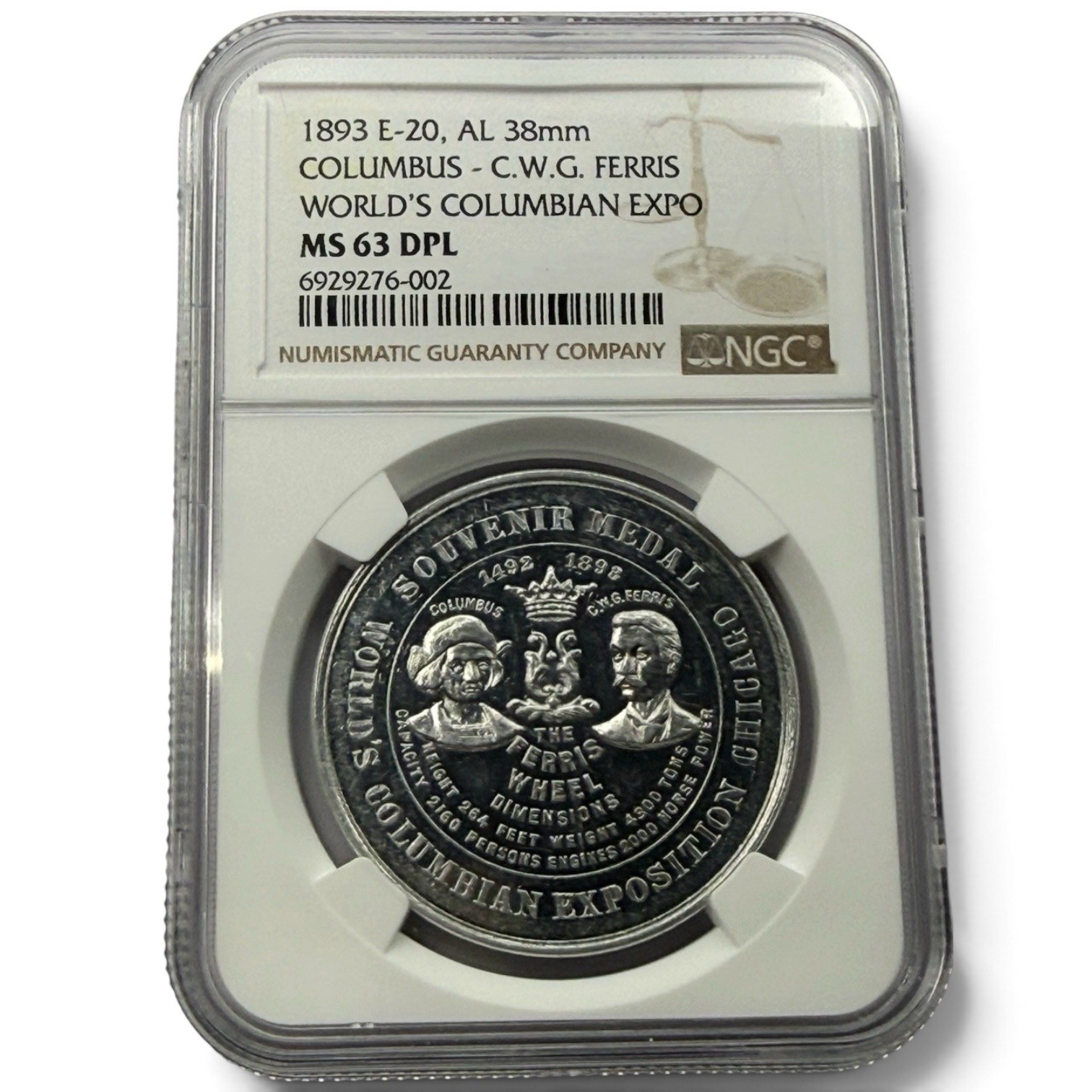 1893-CHICAGO Columbian Expo Ferris Wheel Medal, E-20, NGC MS 63 DPL