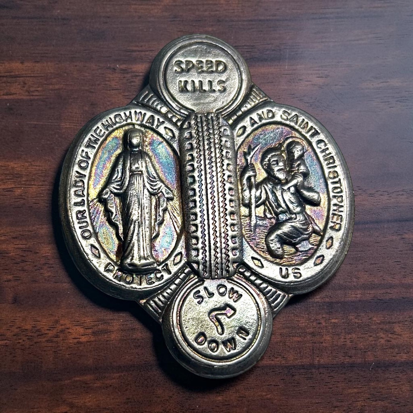 Vtg St Christopher Our Lady of the Highway Car Visor Clip Medal Speed Kills 3\ Vtg St Christopher Our Lady of the Highway Car Visor Clip Medal Speed Kills 3\