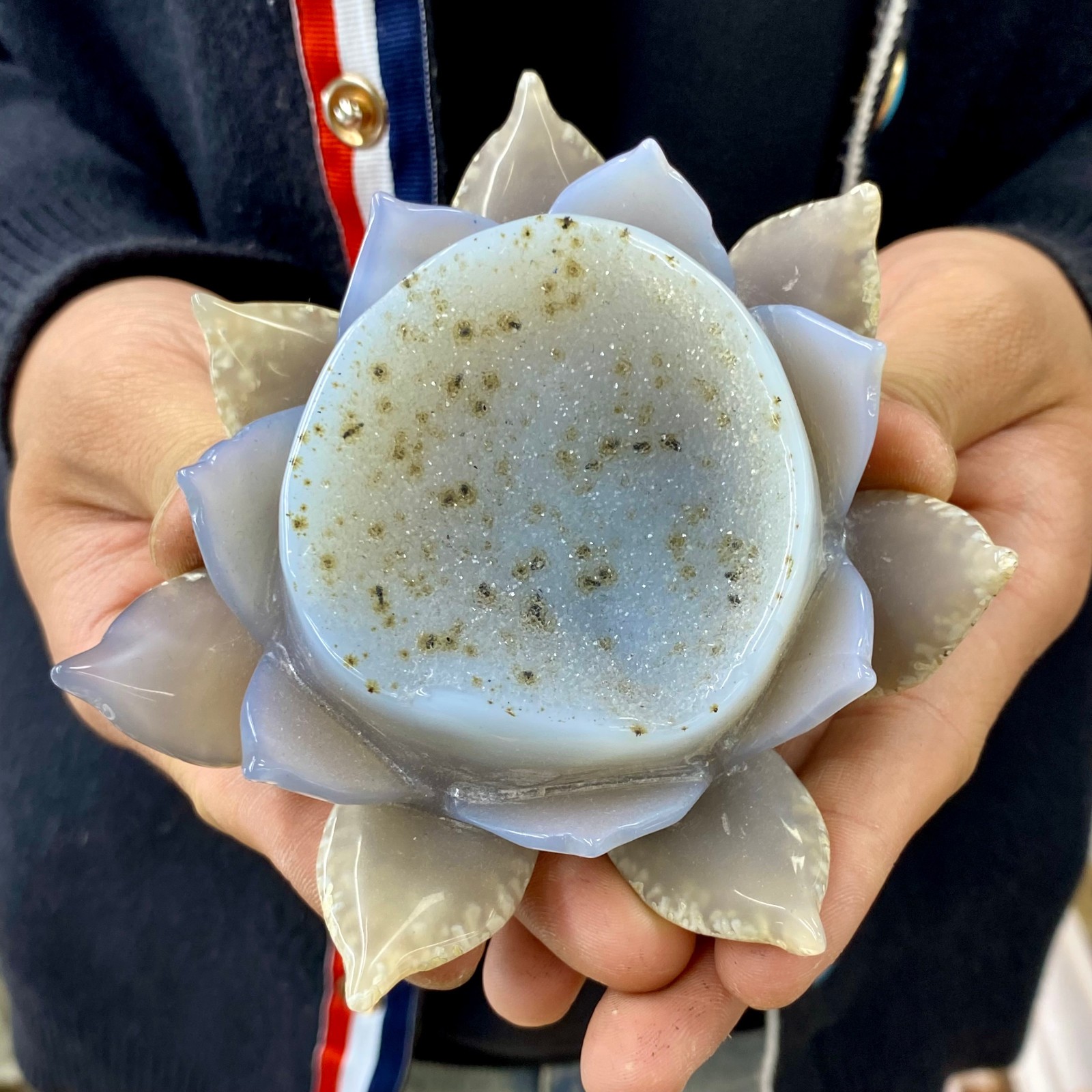450G Natural Agate Geode Carved Lotus Flower, Hand Carved Healing Crystal Home