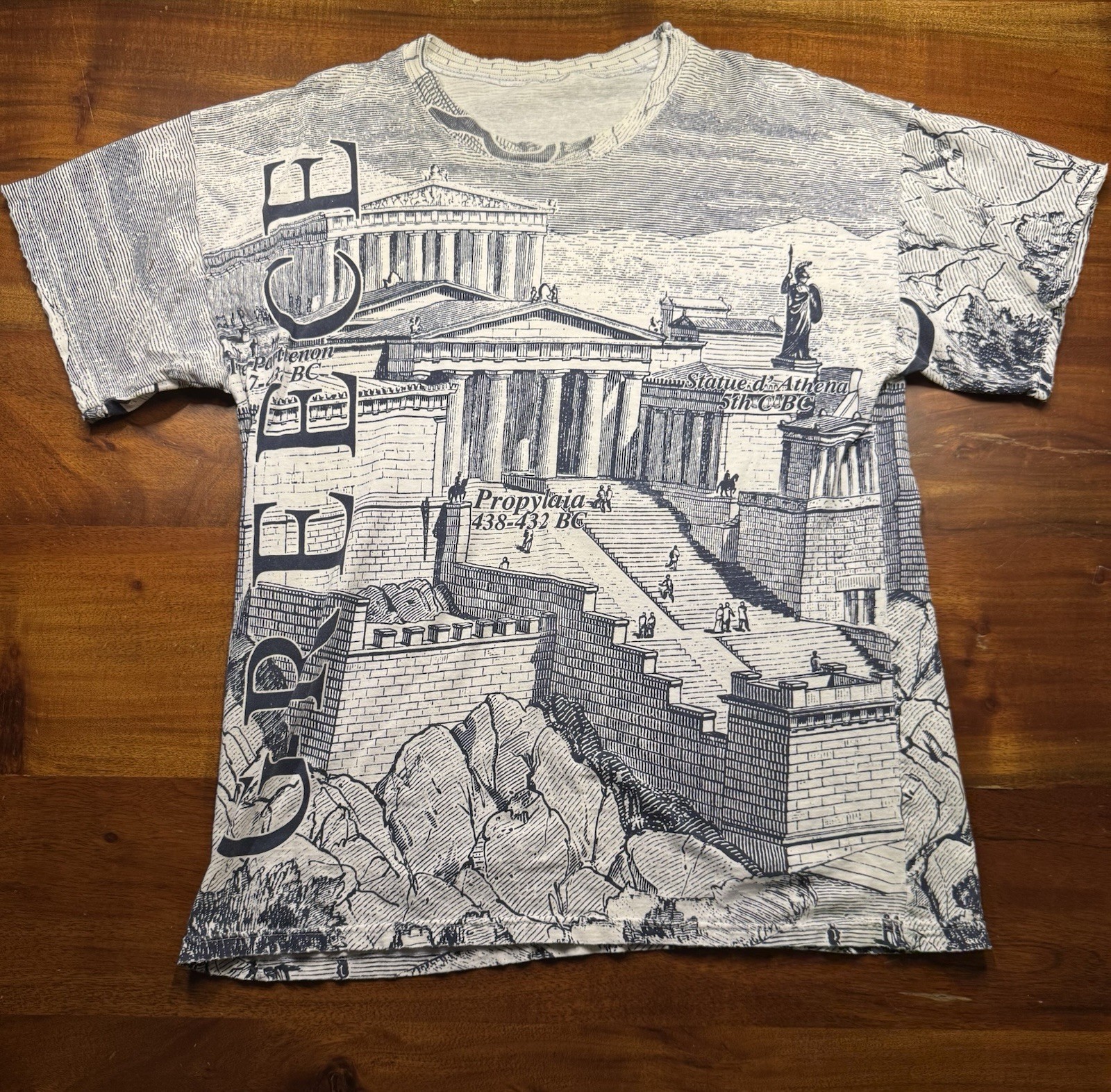 Vintage Athens Greece Art Tee Temples Print All Over T-shirt Unisex Adult Sz L