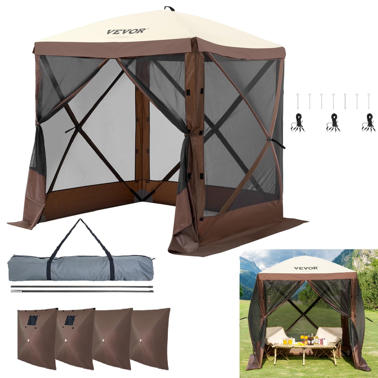 VEVOR Pop Up Gazebo Tent Pop-Up Screen Tent 4 Sided Canopy Sun Shelter Brown