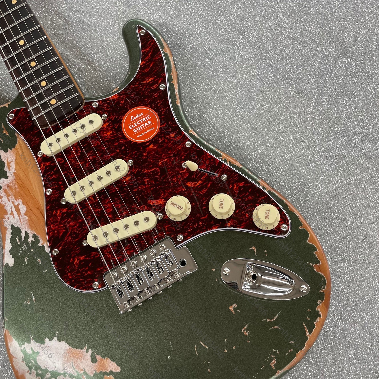 Solid Electric Guitar Aged Green Stainless Rounded Fret Tremolo Bridge No Logo