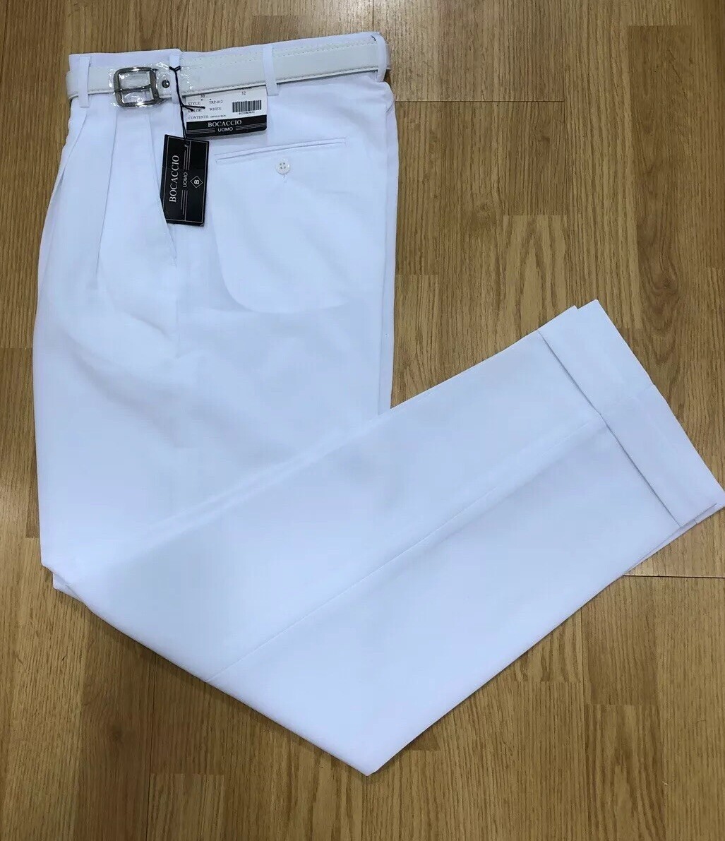MEN\'S WHITE PLEATED DRESS PANTS SLACKS TROUSERS WHITE BELT CUFFED BOTTOMS NEW