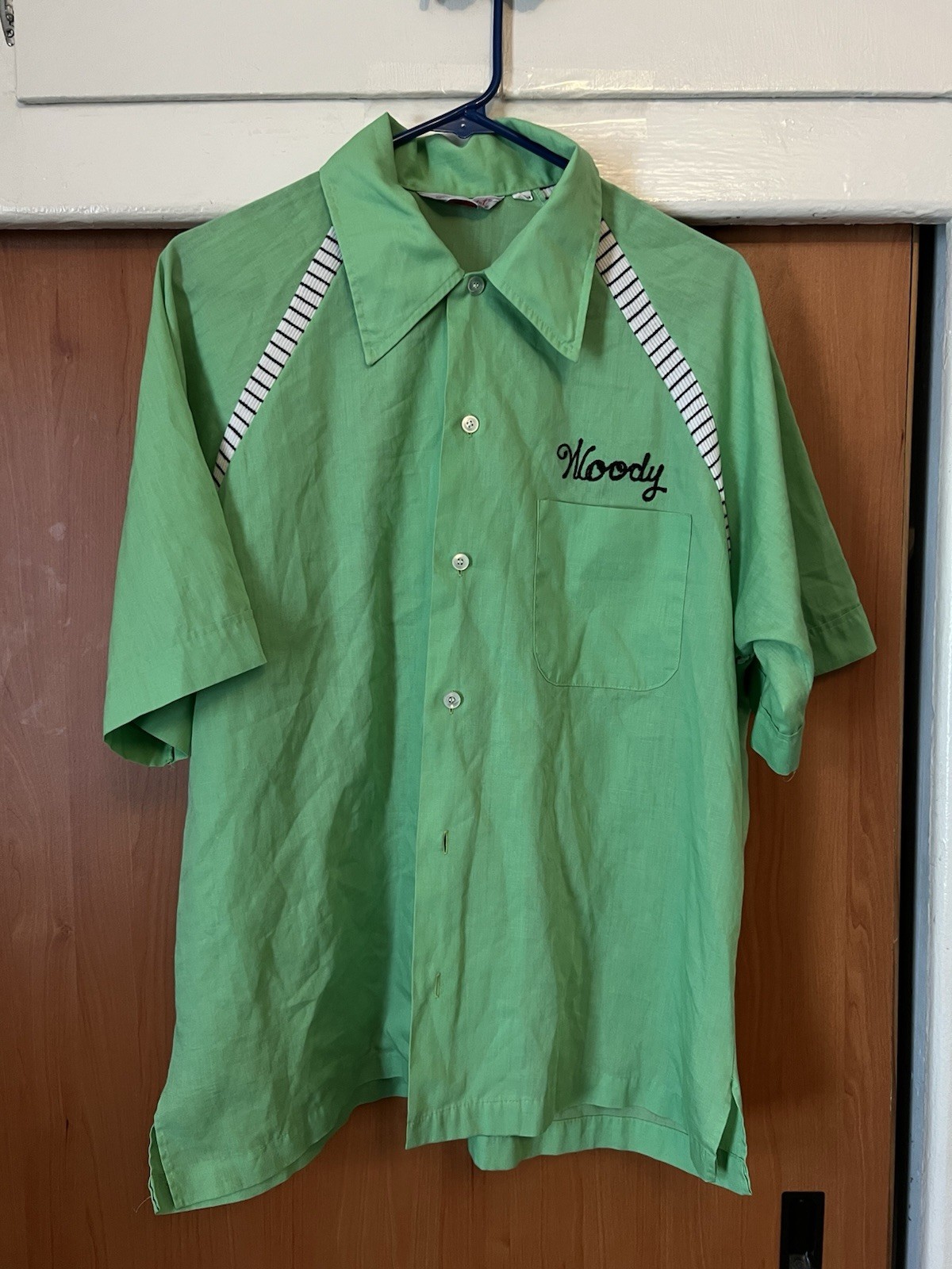 70s Vintage Men’s Chainstitch Bowling Shirt Mint Green Woody Size XL Made In USA