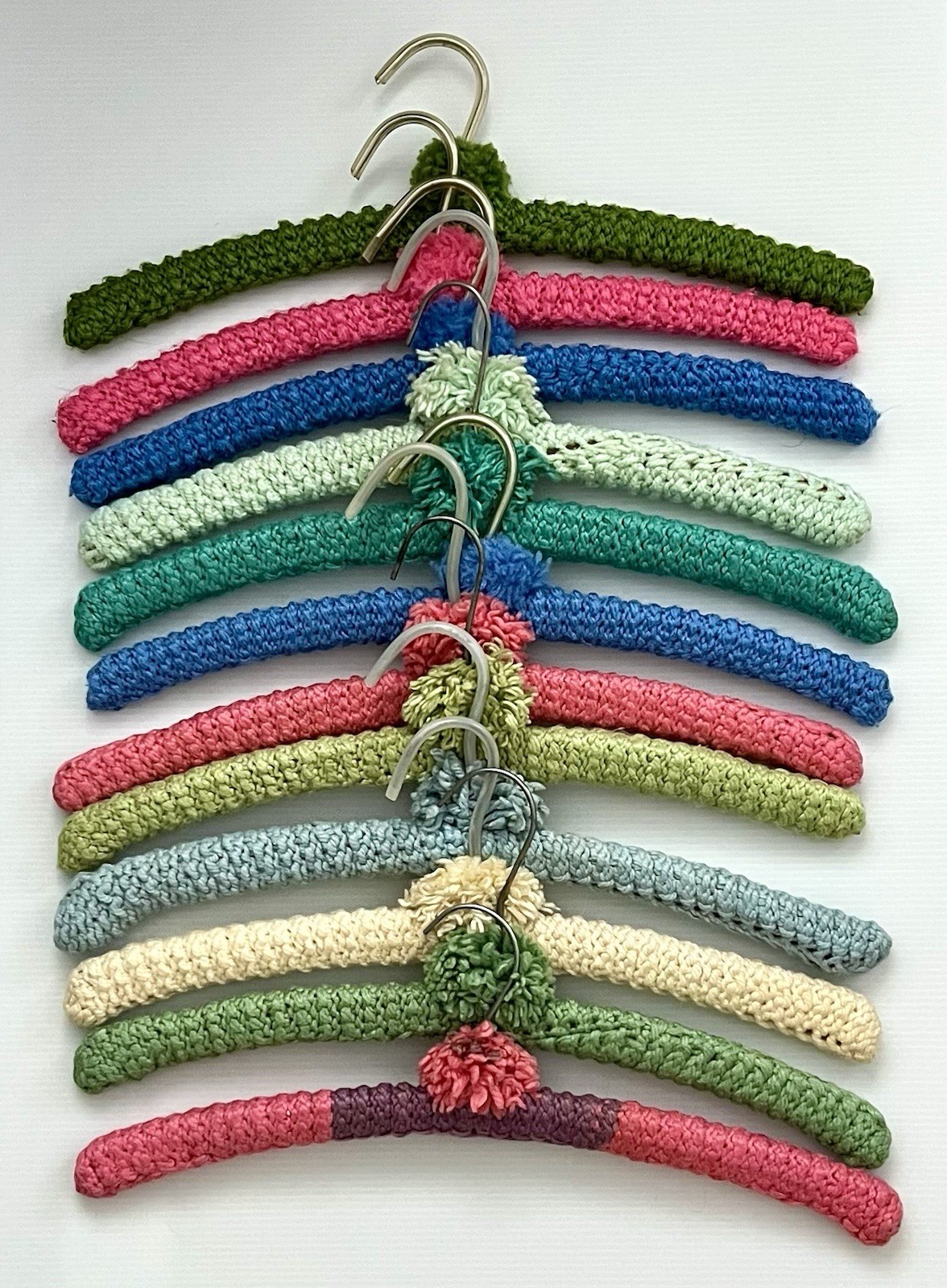 12 Vtg Hand Crocheted Wood Hangers w/ PomPoms Multicolor 1960's NICE 12 Vtg Hand Crocheted Wood Hangers w/ PomPoms Multicolor 1960's NICE