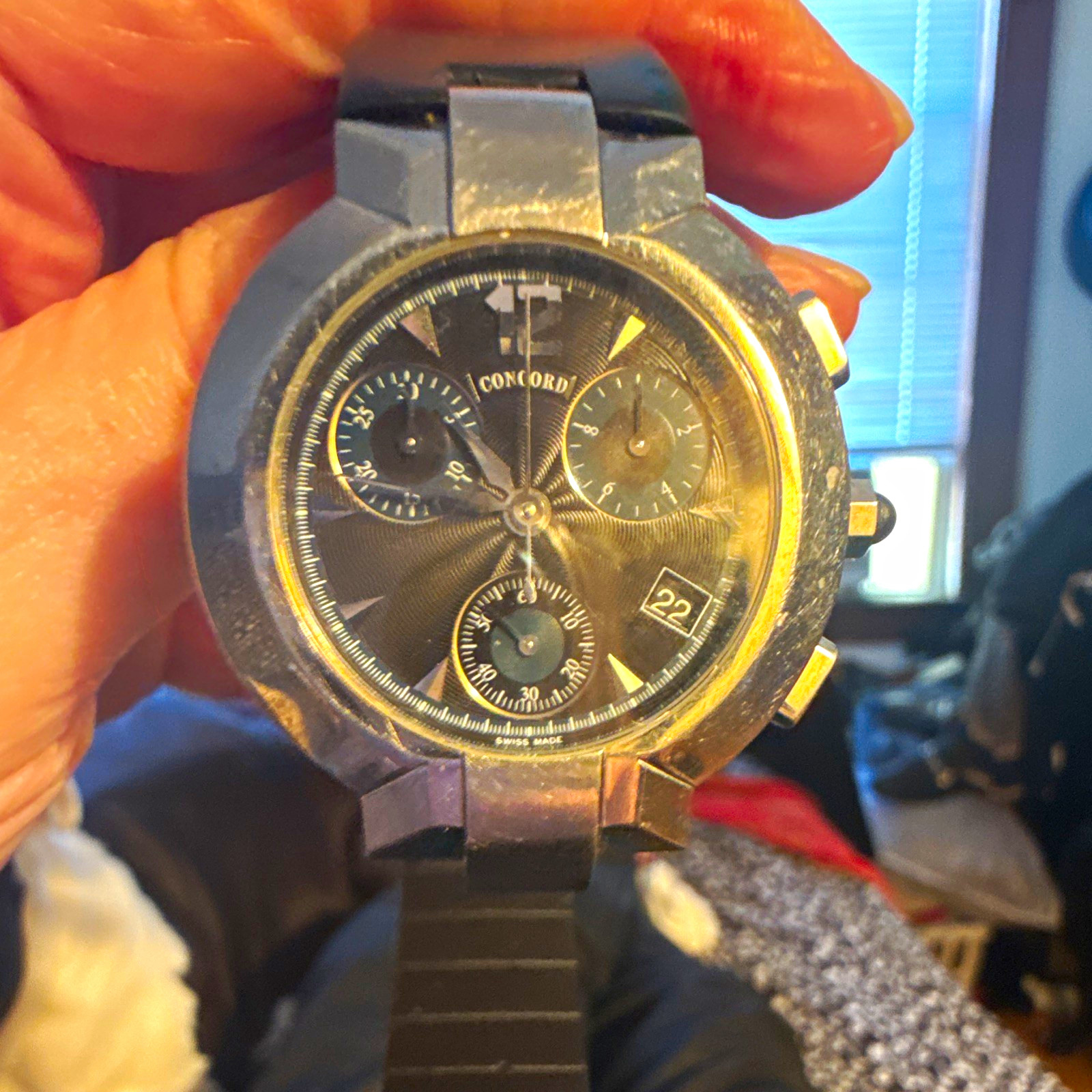 Concord Swiss Made Quartz Chronograph Watch Black Dial Date Black Rubber Strap
