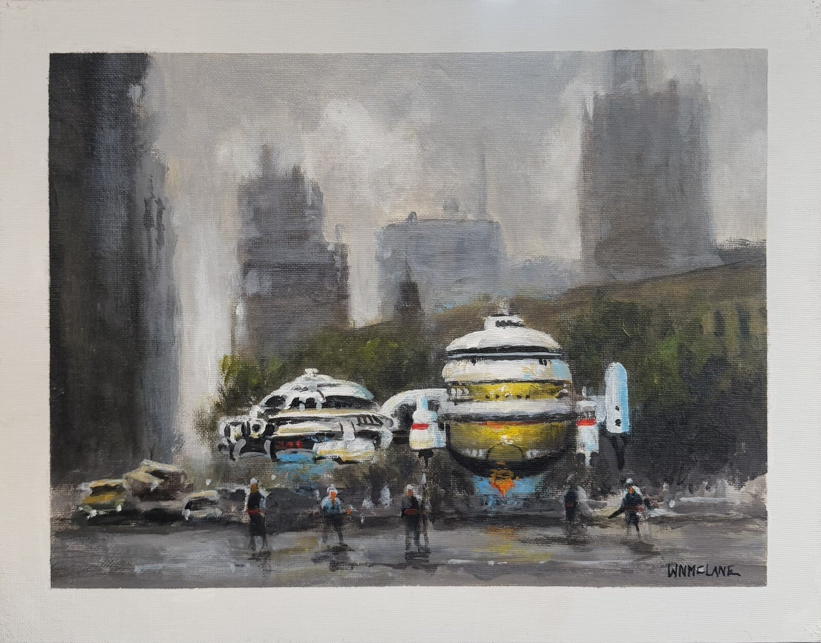 Original Sci Fi Painting New UFO Drones Landing City Scene Acrylic/Canvasboard Original Sci Fi Painting New UFO Drones Landing City Scene Acrylic/Canvasboard