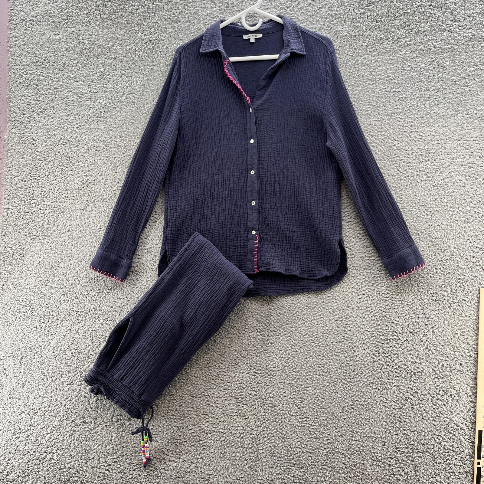 Lisa Todd Lounge Set Womens Medium Navy Gauze Shirt Ankle Pant 2 Pc Beach Resort Lisa Todd Lounge Set Womens Medium Navy Gauze Shirt Ankle Pant 2 Pc Beach Resort