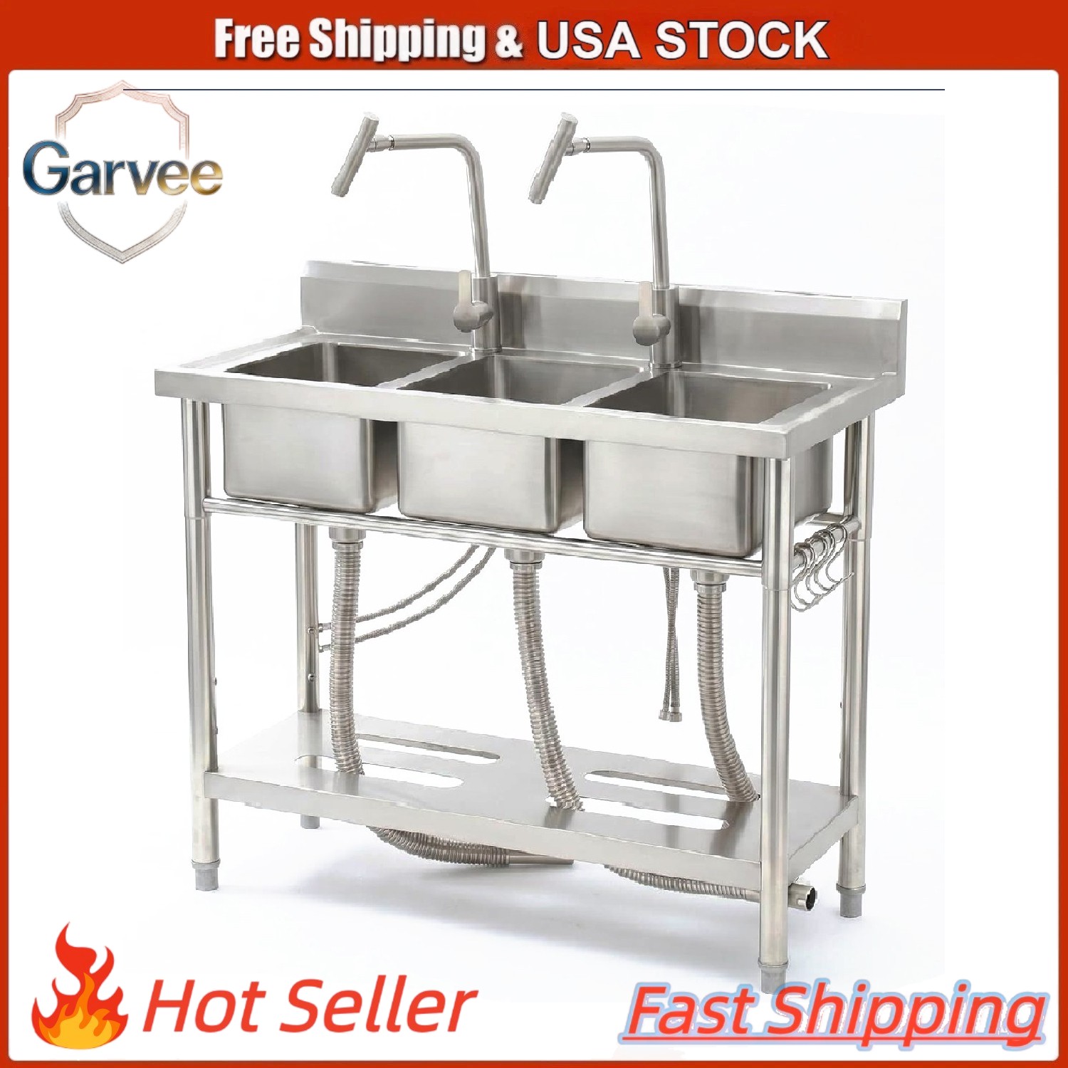 Freestanding 3-Compartment Stainless Steel Kitchen Utility Sink, Includes Fauce