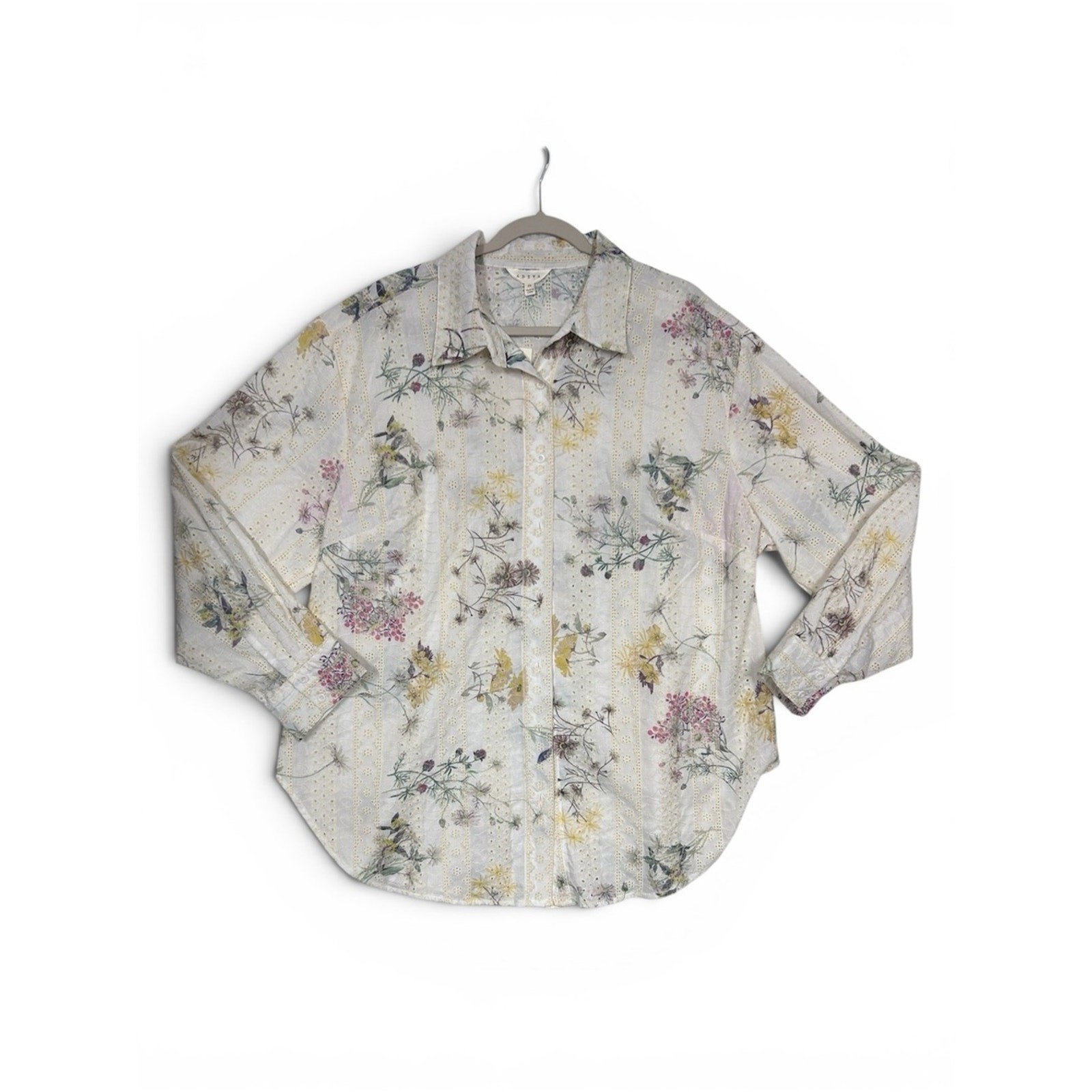 Adiva White Cream Button Down Shirt Embroidered Eyelet Detail Floral Print NWT Adiva White Cream Button Down Shirt Embroidered Eyelet Detail Floral Print NWT