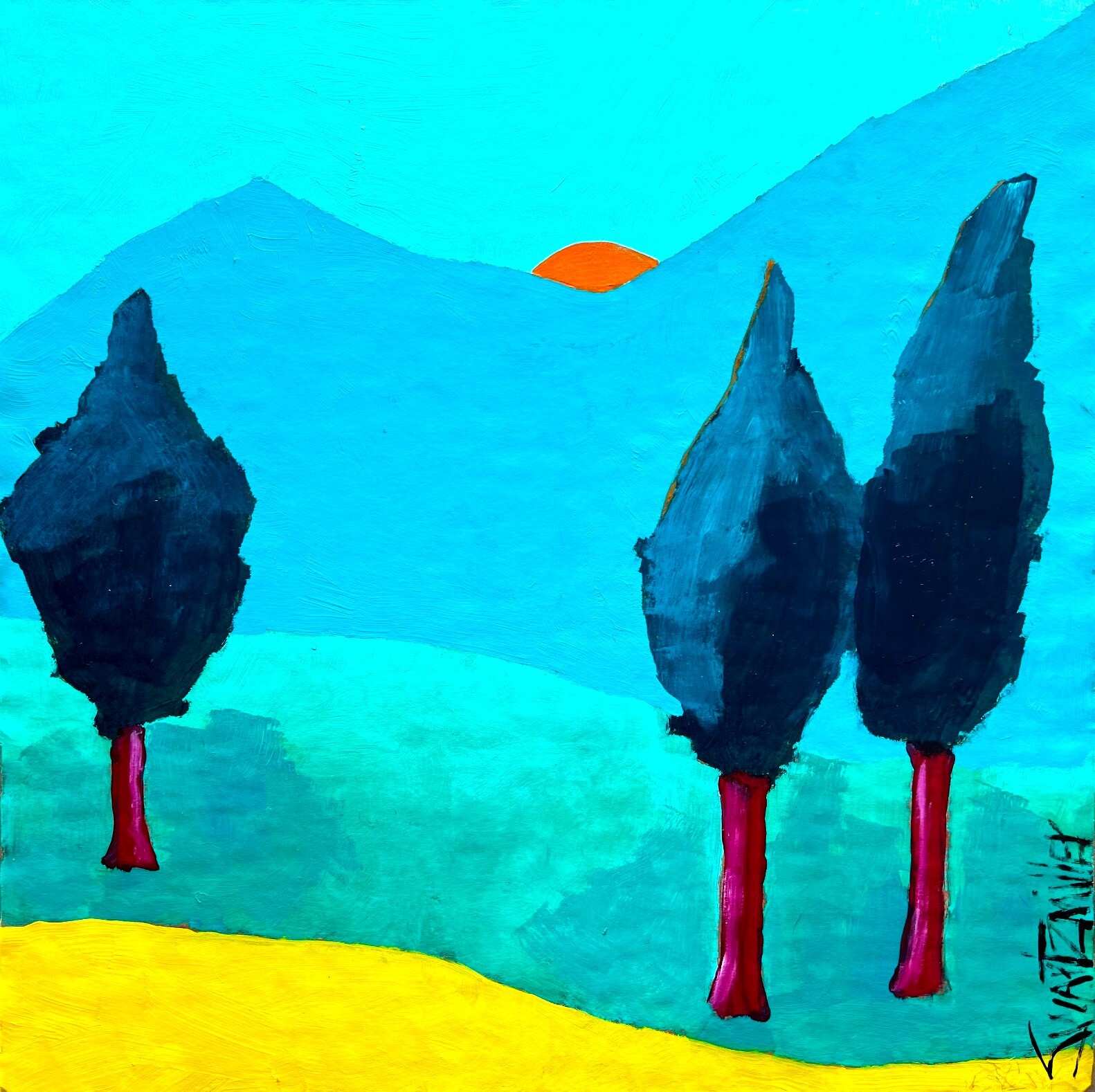 Original LANDSCAPE SUNSET COLORFUL upcycled CB 18 X 18 Painting SWARTZMILLER DNA