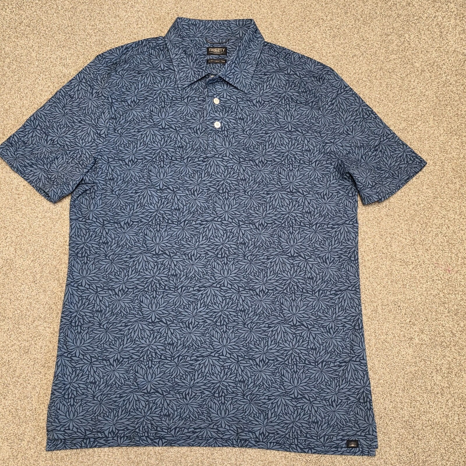 Faherty Reserve Movement Polo Mens M Blue Floral Leaf Print Performance Stretch
