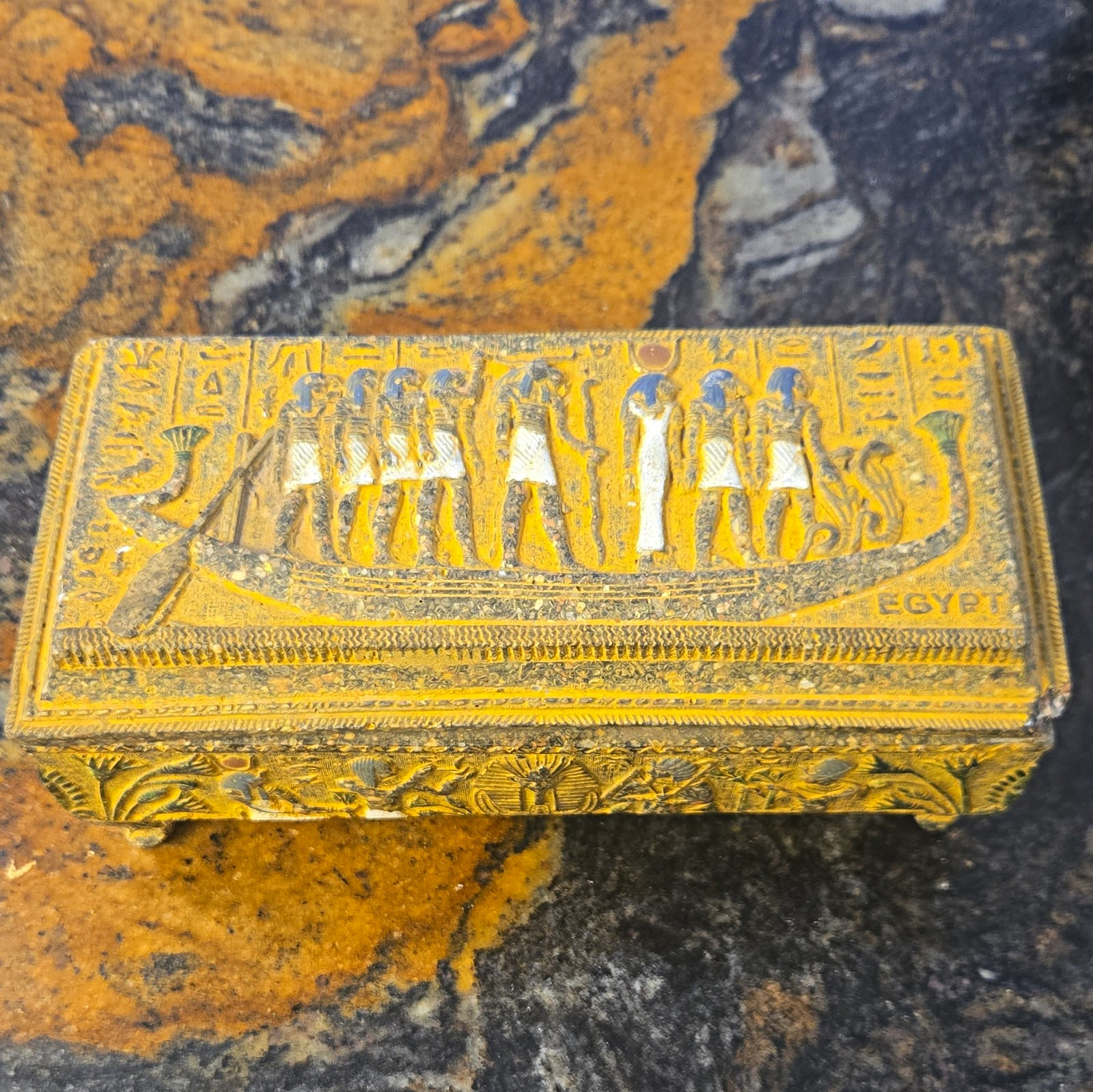 Egyptian Trinket Box Hieroglyphic Design Ancient Motifs Yellow & Black Egyptian Trinket Box Hieroglyphic Design Ancient Motifs Yellow & Black