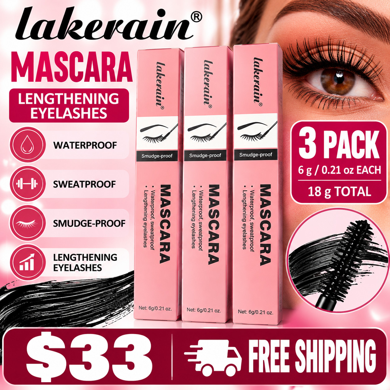 3 Lakerain Mascara Waterproof Sweatproof Smudge-Proof Lengthening 6g Each Sealed 3 Lakerain Mascara Waterproof Sweatproof Smudge-Proof Lengthening 6g Each Sealed