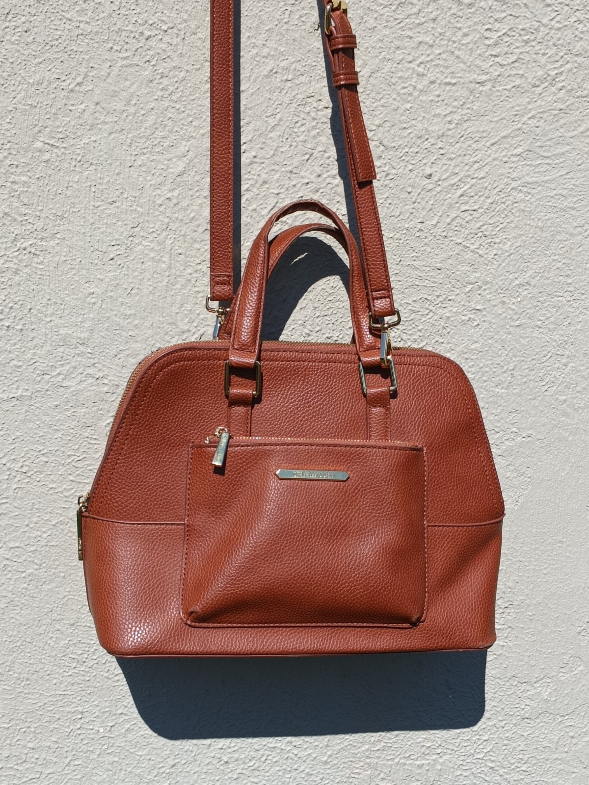 Vtg Steve Madden Brown Pebbled Leather Satchel Bag Crossbody Tote Gold Zip NOS