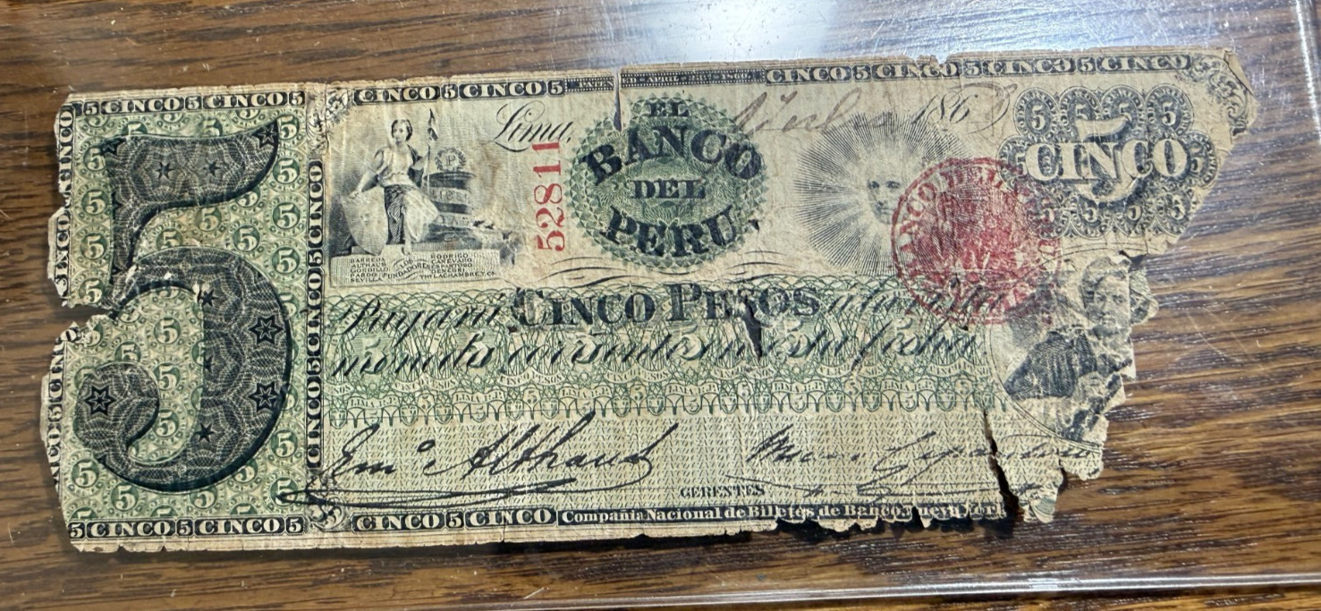 Very Rare 1868 Banco del Peru 5 Pesos Note CHRC