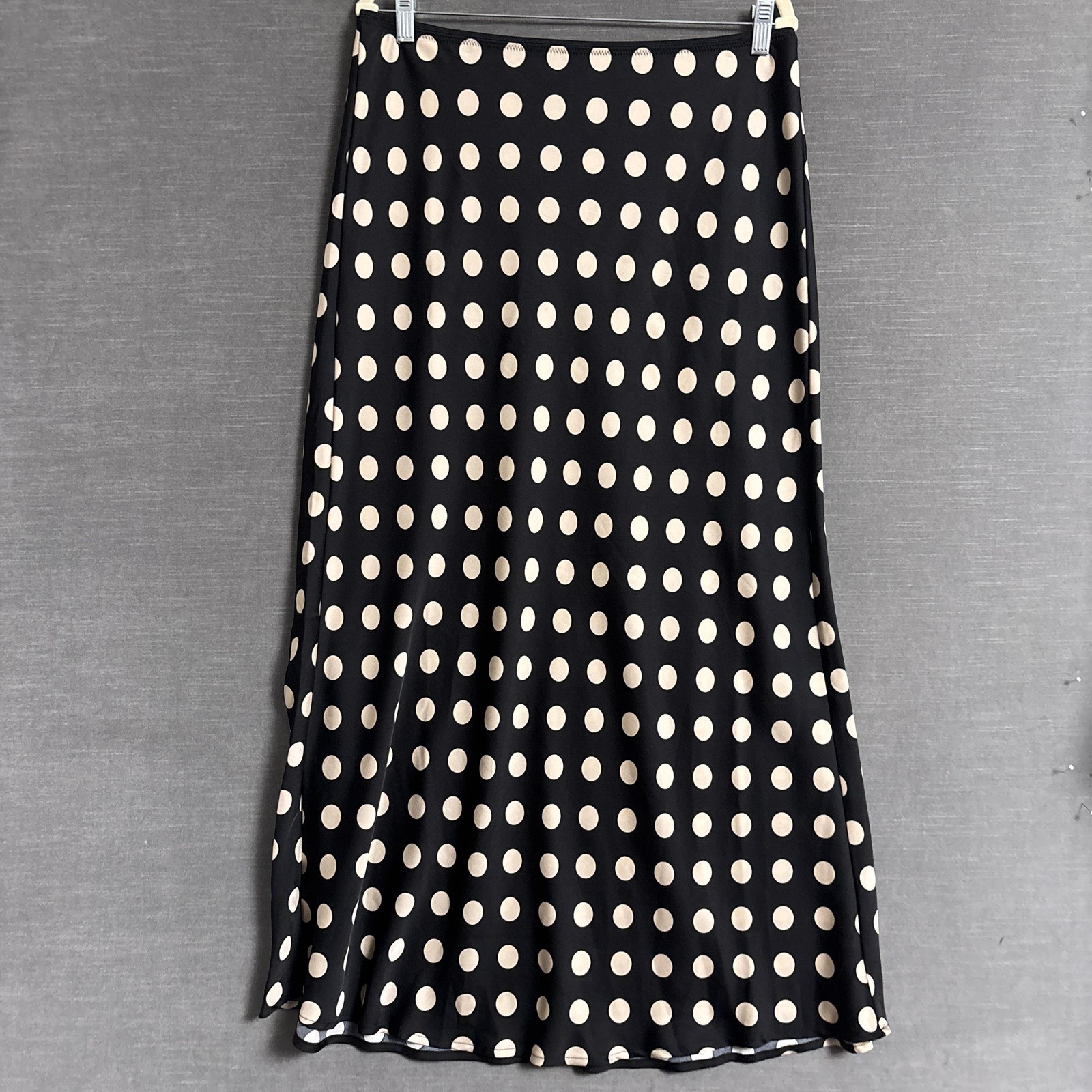 New Day Skirt L Black Cream Polka Dot Satin Maxi Slip Pull On Boho Chic Modern