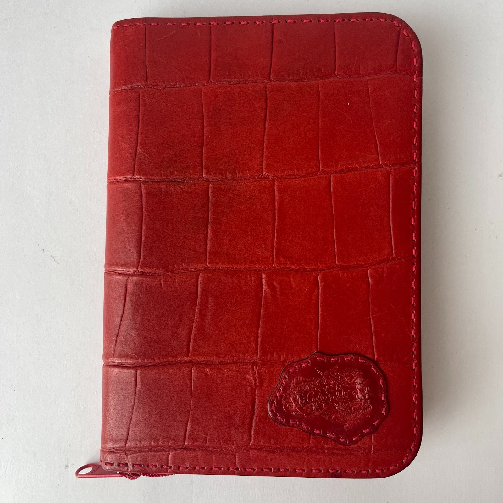 Vintage Carlos Falchi Journal Agenda Cover Red Italian Leather Croc Embossed Zip