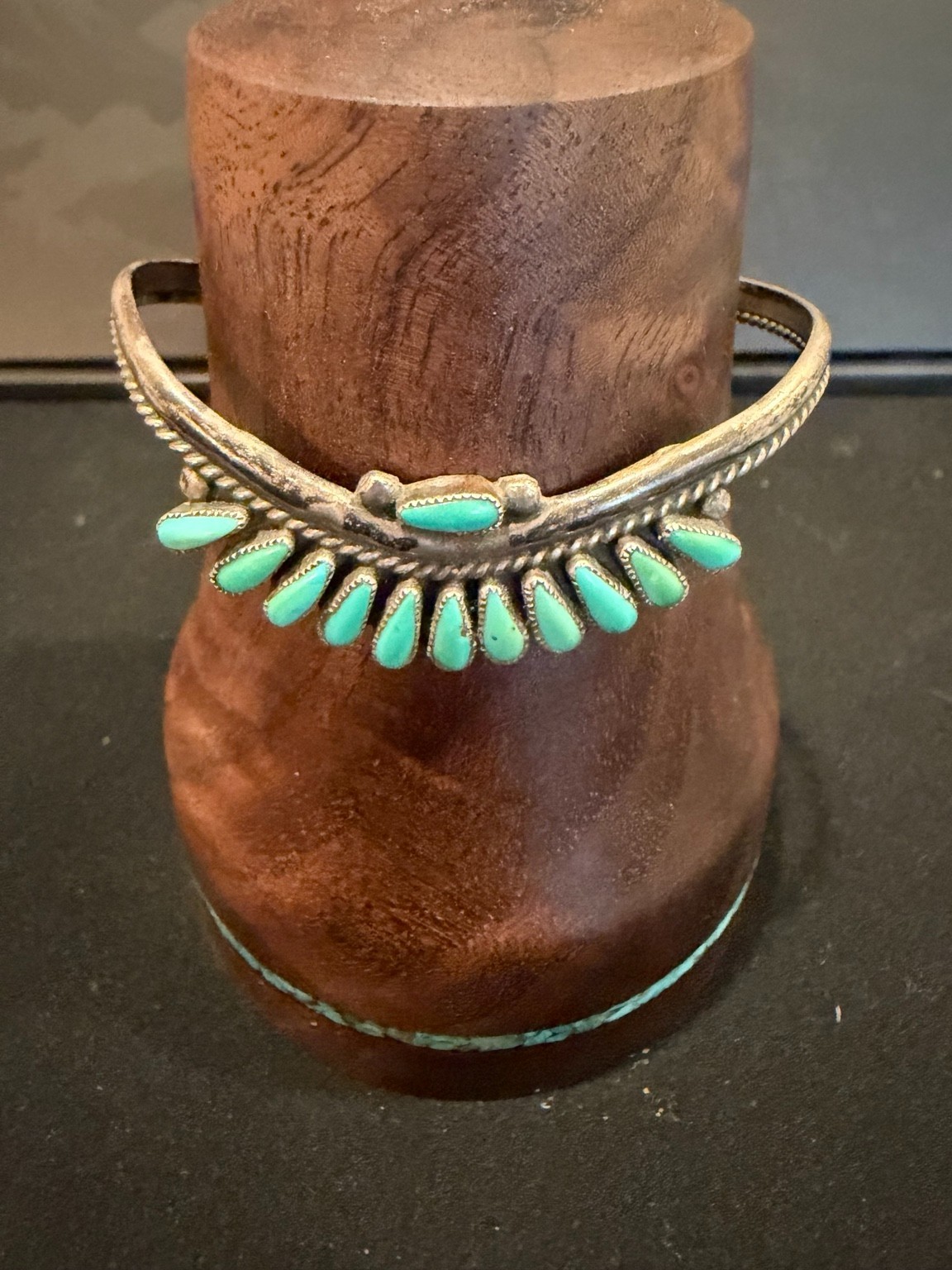 Vintage Zuni JK Turquoise Silver Cuff Bracelet Petit Point Signed JK ZUNI