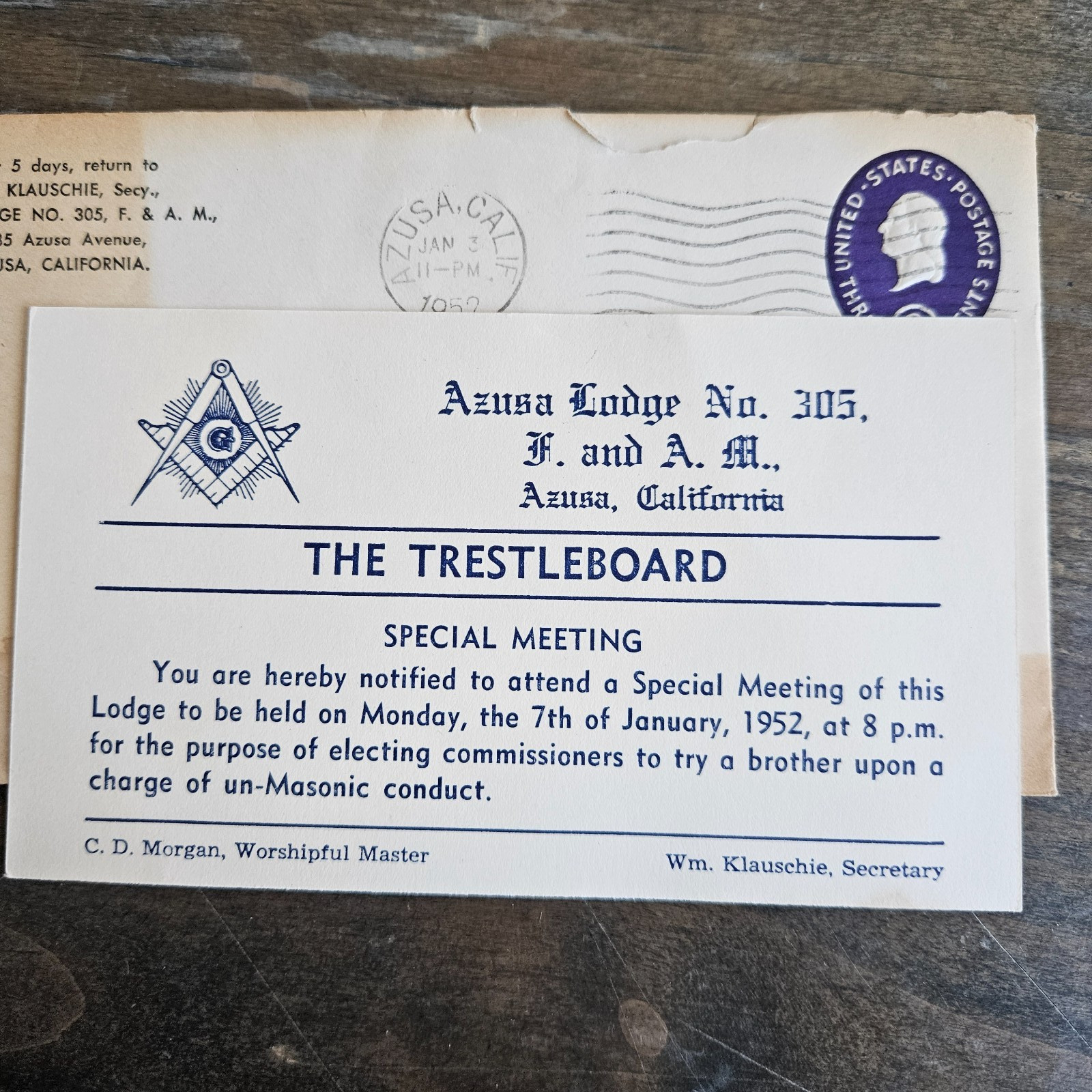 Vintage 1952 Notice to Appear at Mason Azusa Lodge #305 To Try/Discipline Member Vintage 1952 Notice to Appear at Mason Azusa Lodge #305 To Try/Discipline Member