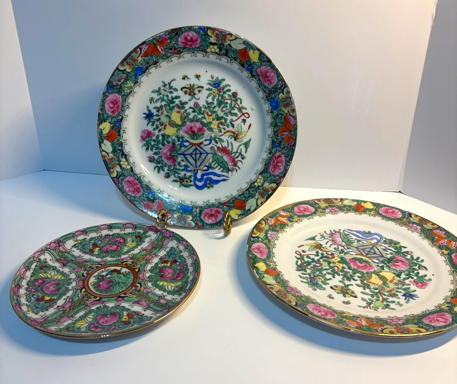 Lot of 3 Antique Chinese Hand Painted Famille Rose Plates