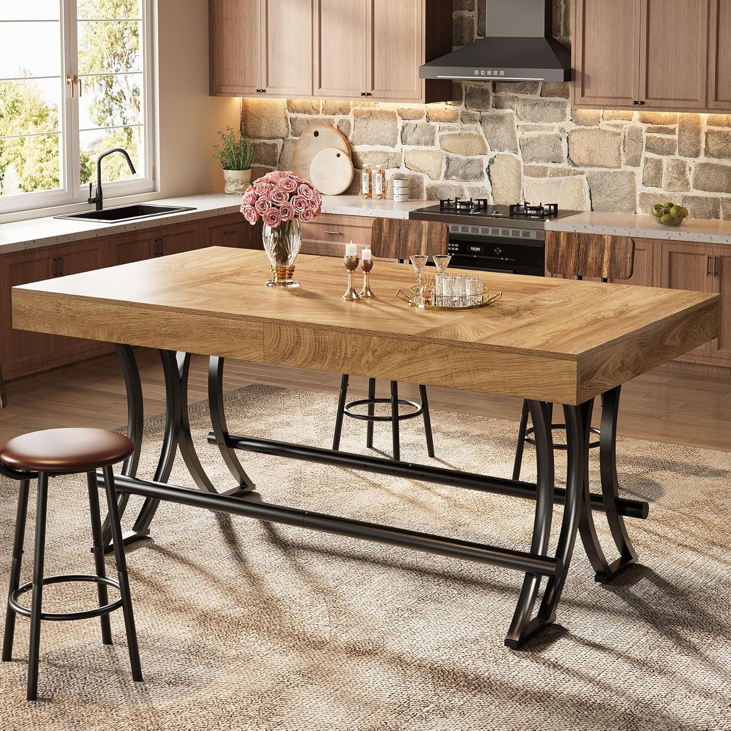 63-Inch Industrial Bar Table Rectangular Counter Height Pub Table with Footrest
