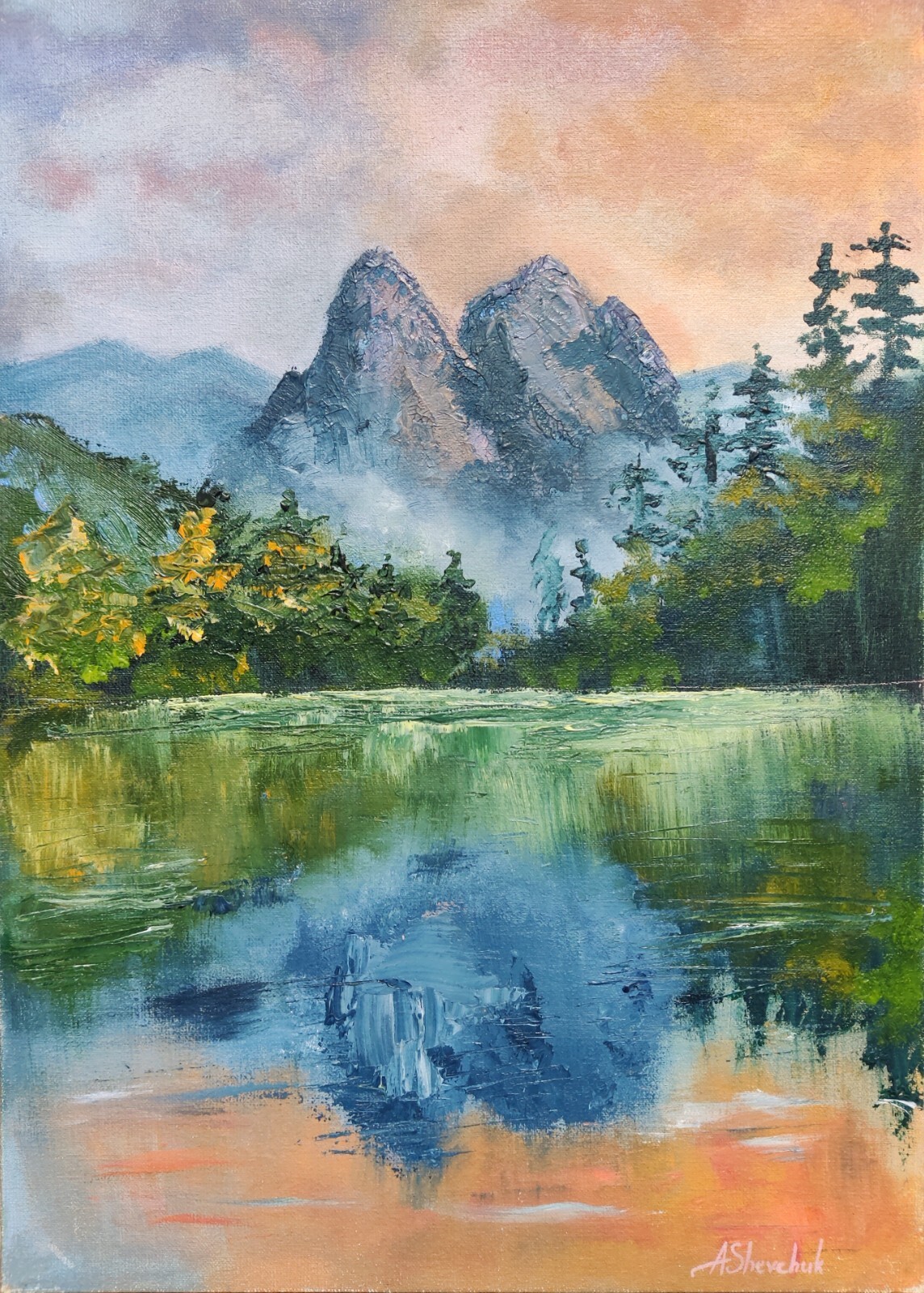 Mountain Original Oil Painting Landscape Forest Lake Art Hand Painted 13x9,8 in