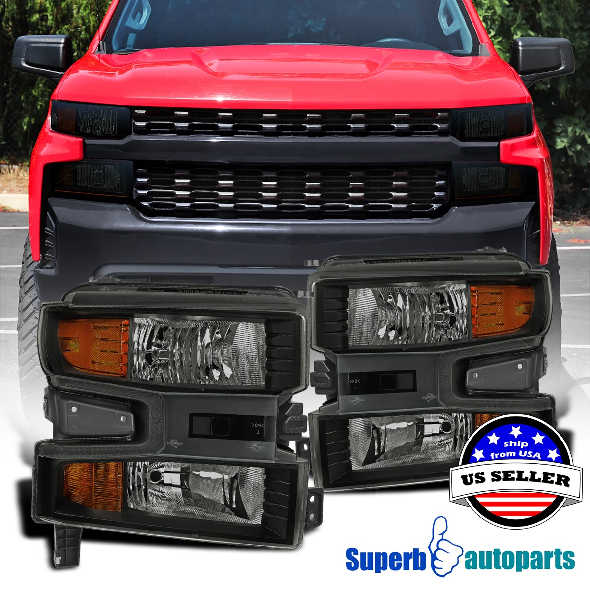 For 2019-2021 Chevy Silverado 1500 Black Smoke Halogen Headlights Lamp L+R 19-21